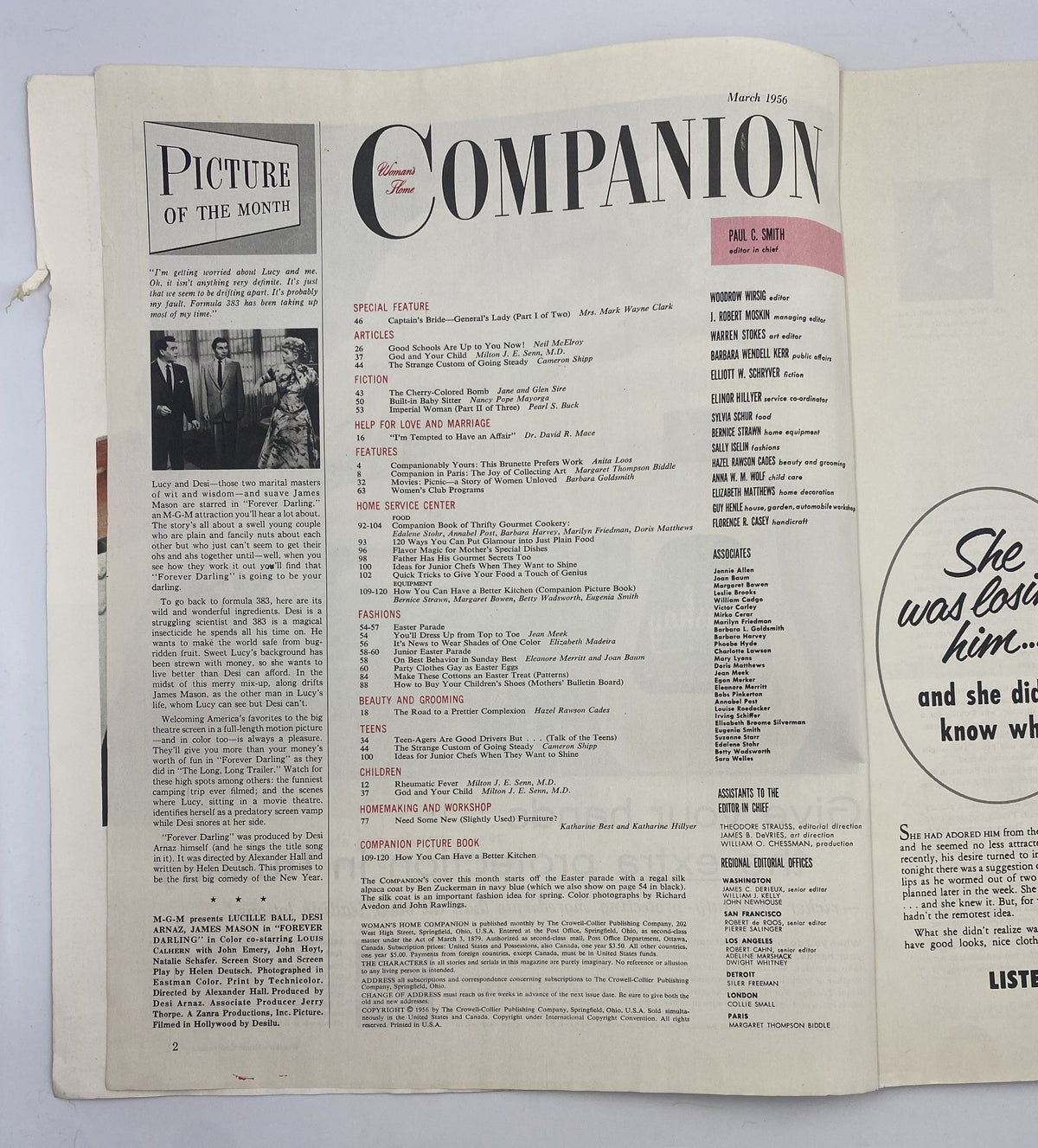 Interior page of Woman’s Home Companion Magazine March 1956 showing the Table of Contents with features and articles listed, including 'Special Feature' and 'Help for Love and Marriage'.