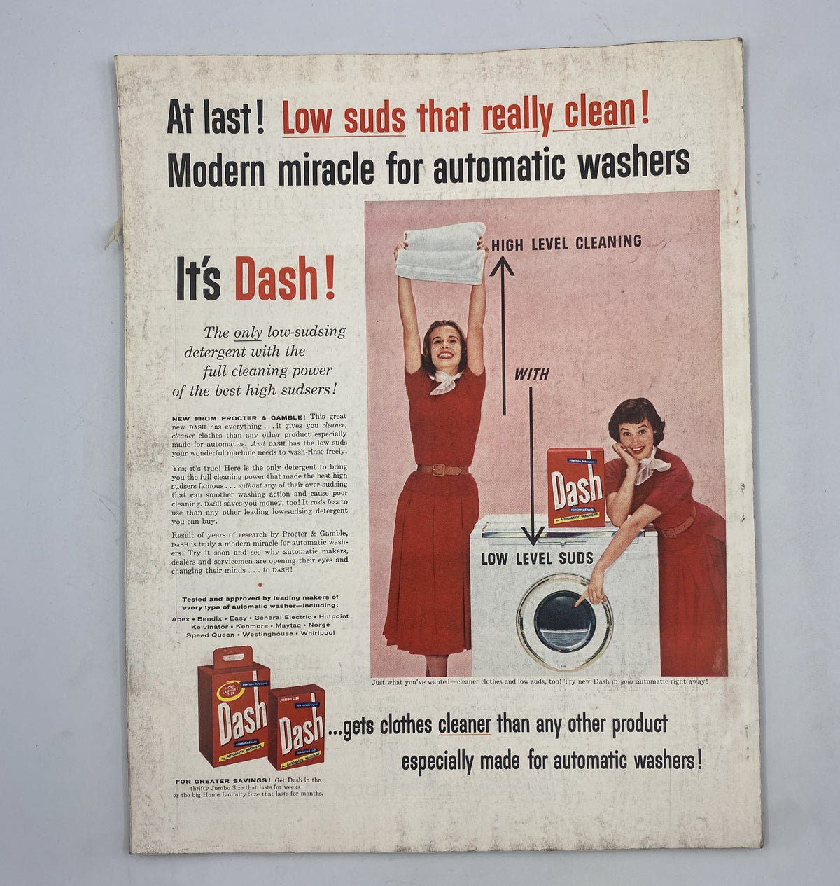 Advertisement in Woman’s Home Companion Magazine March 1956 for Dash laundry detergent, highlighting its cleaning power and modern conveniences for automatic washers.
