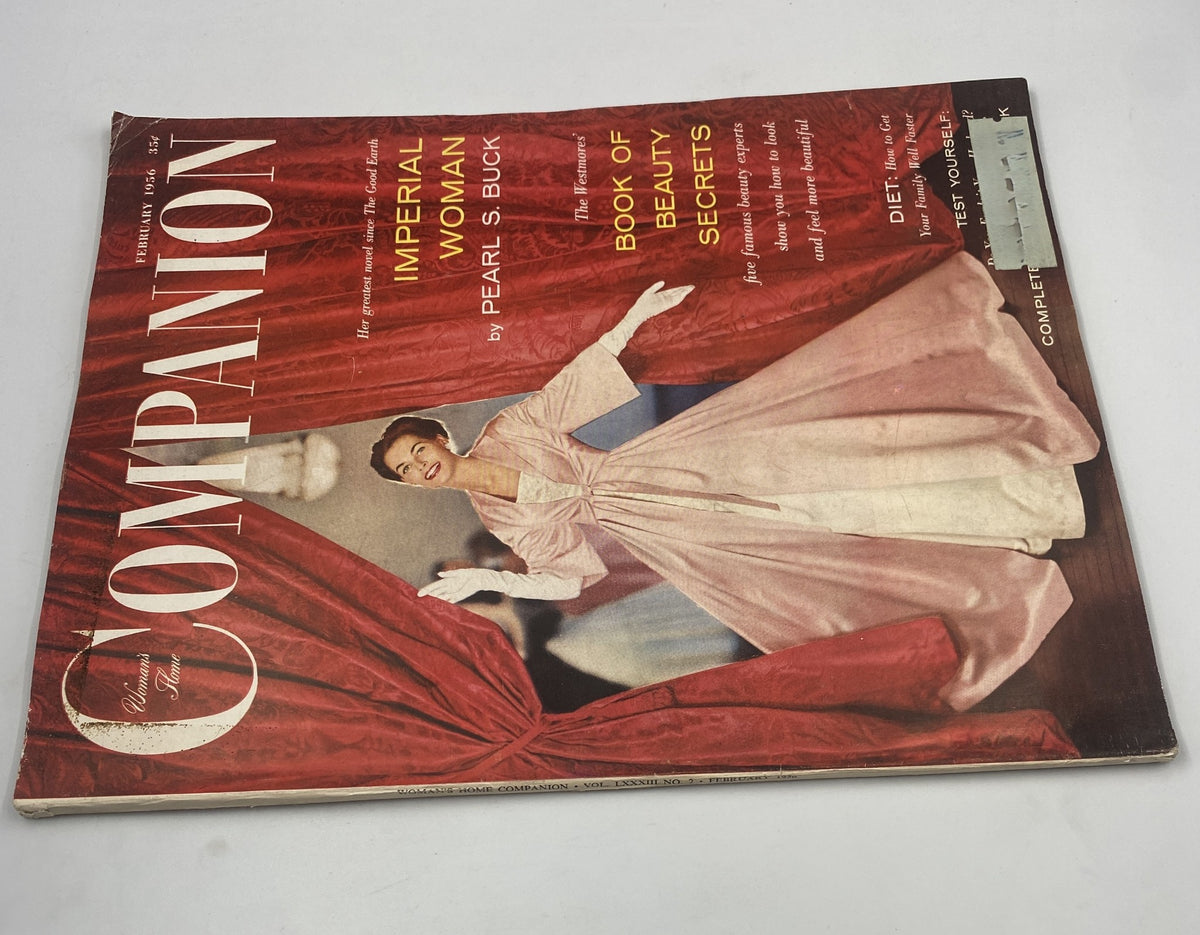 Another view of the February 1956 Woman's Home Companion Magazine cover featuring 'Imperial Woman' by Pearl S. Buck, highlighting vintage fashion and beauty themes.
