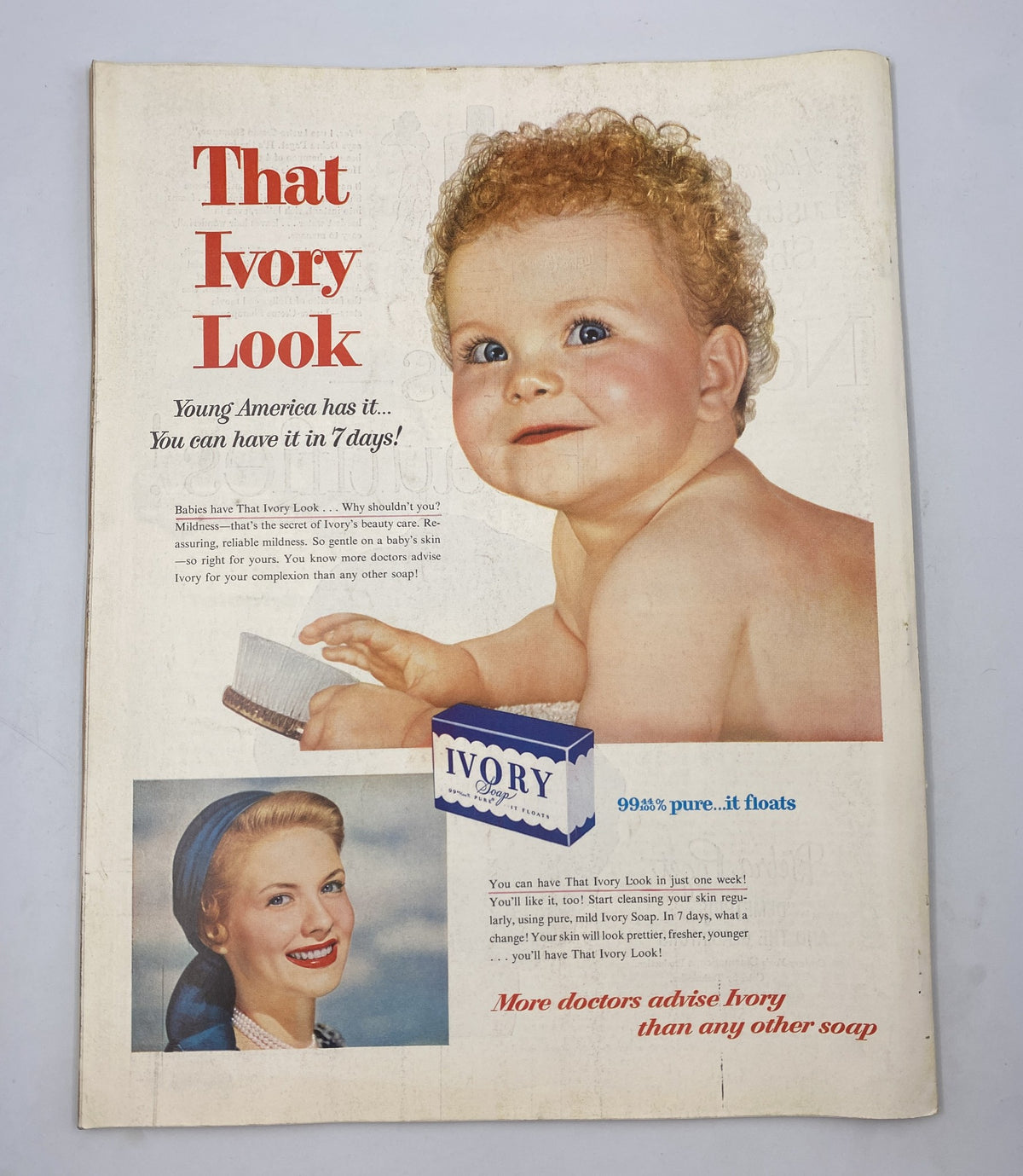 Back cover of Woman’s Home Companion Magazine July 1954 with an advertisement for Ivory Soap featuring a baby and woman.
