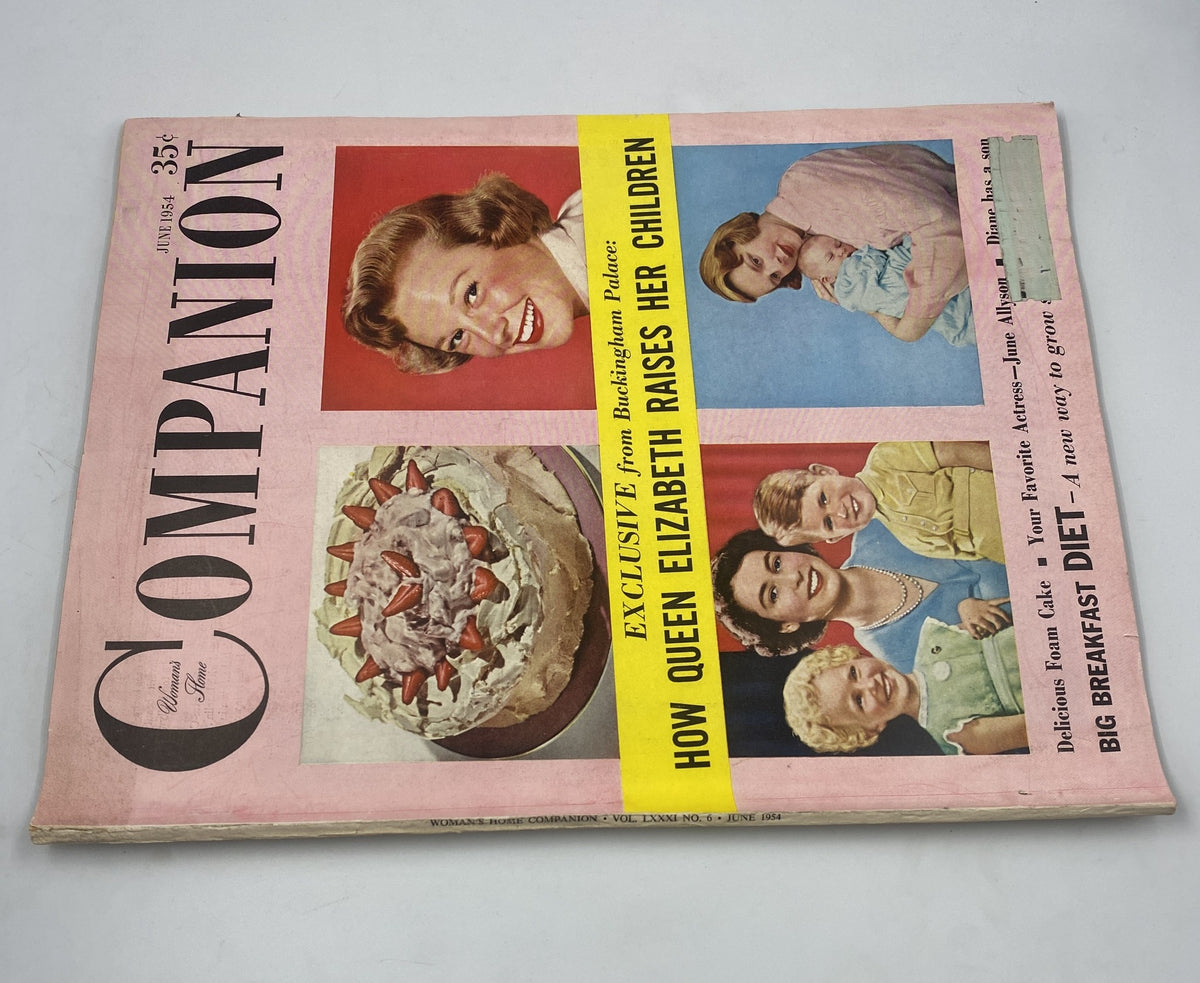 Another view of the June 1954 Woman’s Home Companion Magazine cover, highlighting an exclusive feature about Queen Elizabeth's parenting techniques, adorned with vibrant artwork and themed imagery.