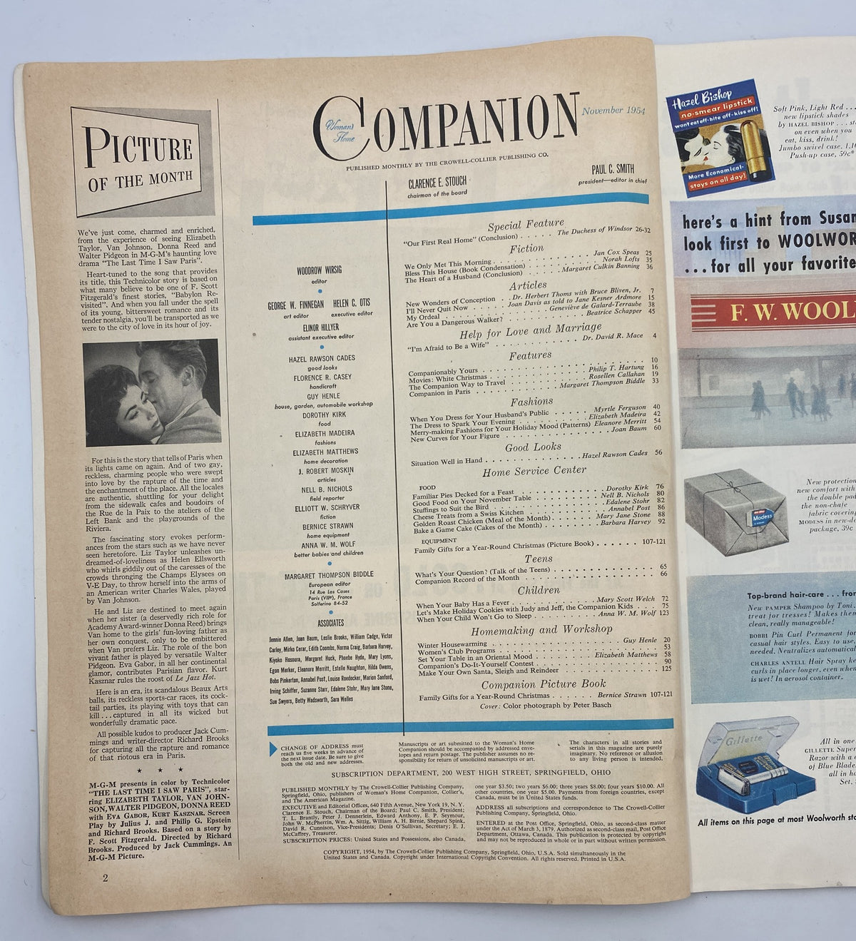 Table of contents page from Woman’s Home Companion Magazine, November 1954. The layout includes sections on fiction, articles, and homemaking, providing a glimpse into the magazine's diverse offerings.