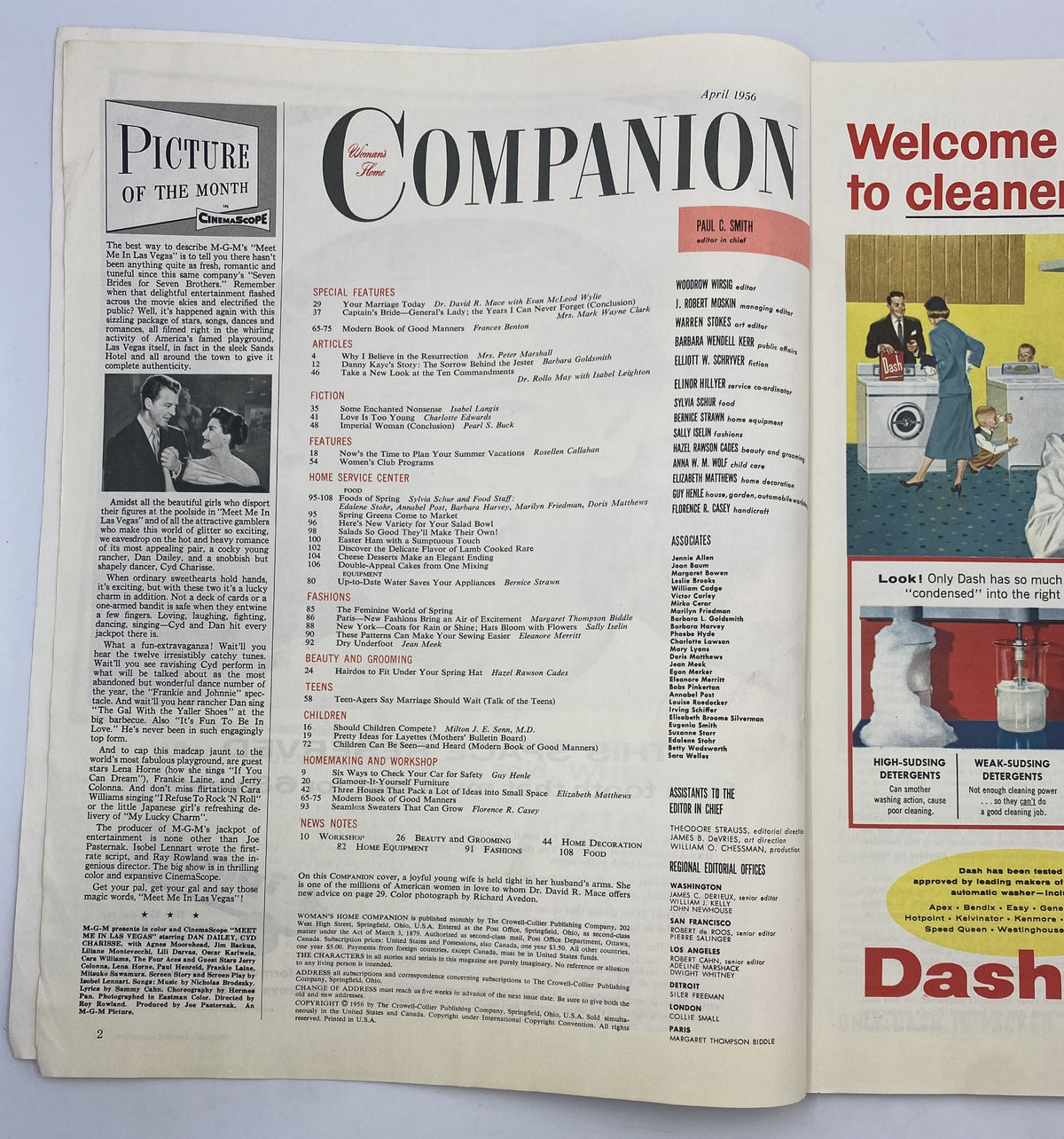 Interior page of Woman’s Home Companion Magazine April 1956 featuring the table of contents with sections like ‘Picture of the Month’ and ‘Special Features’. Highlights various articles and features included in this issue.