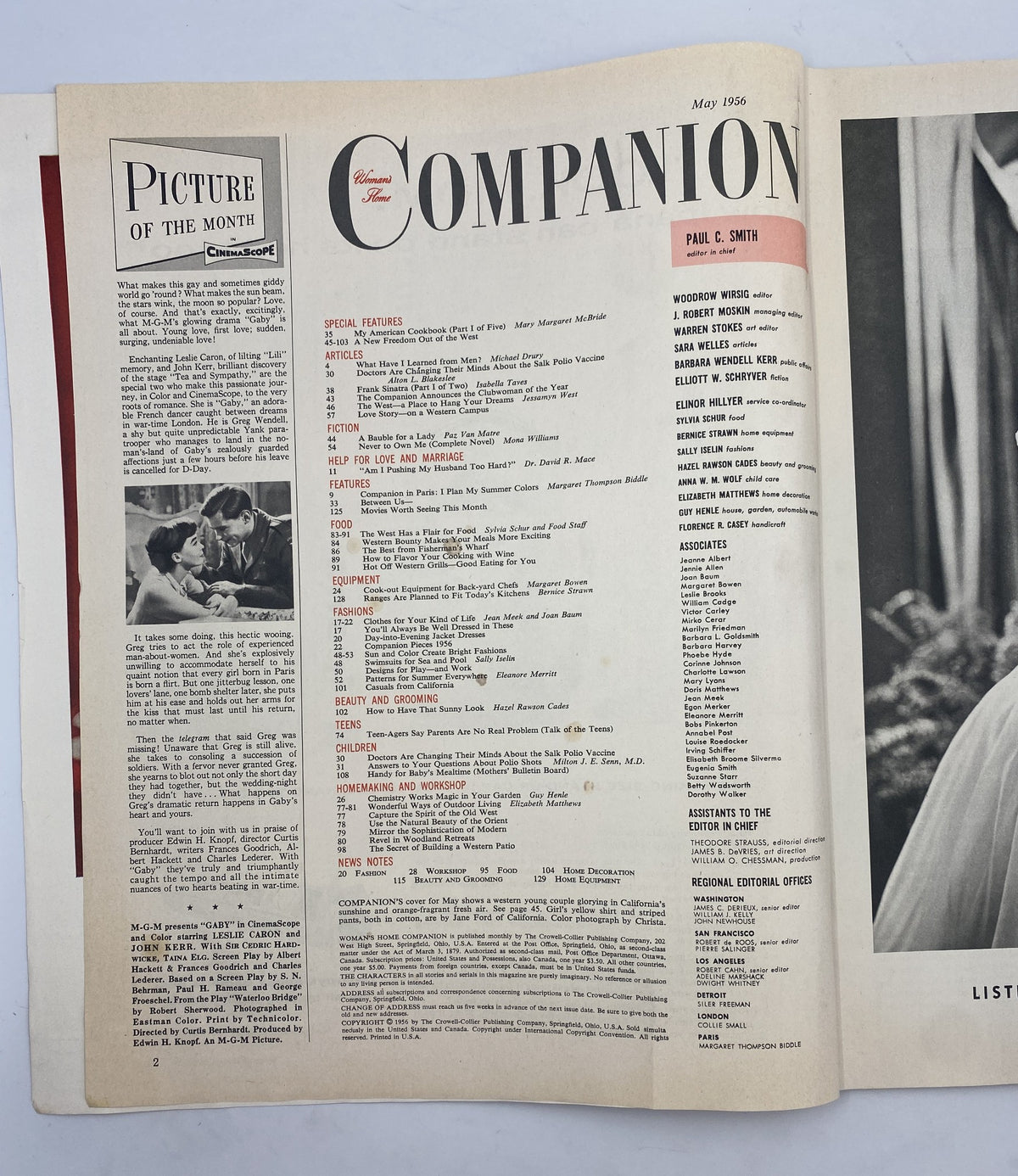 Inside spread of Woman's Home Companion Magazine May 1956 displaying the Table of Contents with special features including 'My American Cookbook' and articles written by Mary Margaret McBride and others.