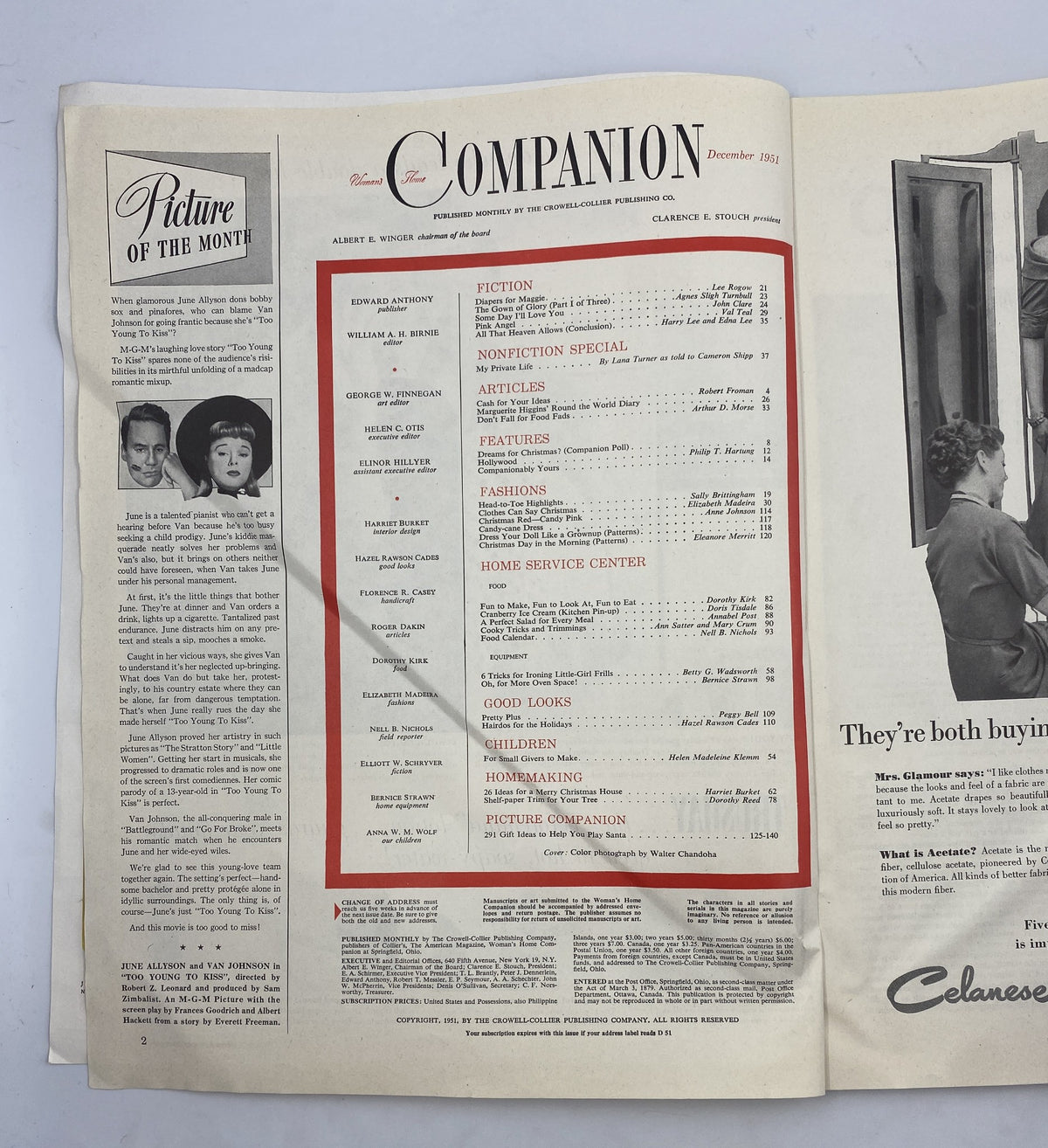 Inside page of Woman’s Home Companion Magazine December 1951 displaying the Table of Contents with various articles and features, including one by Lana Turner.