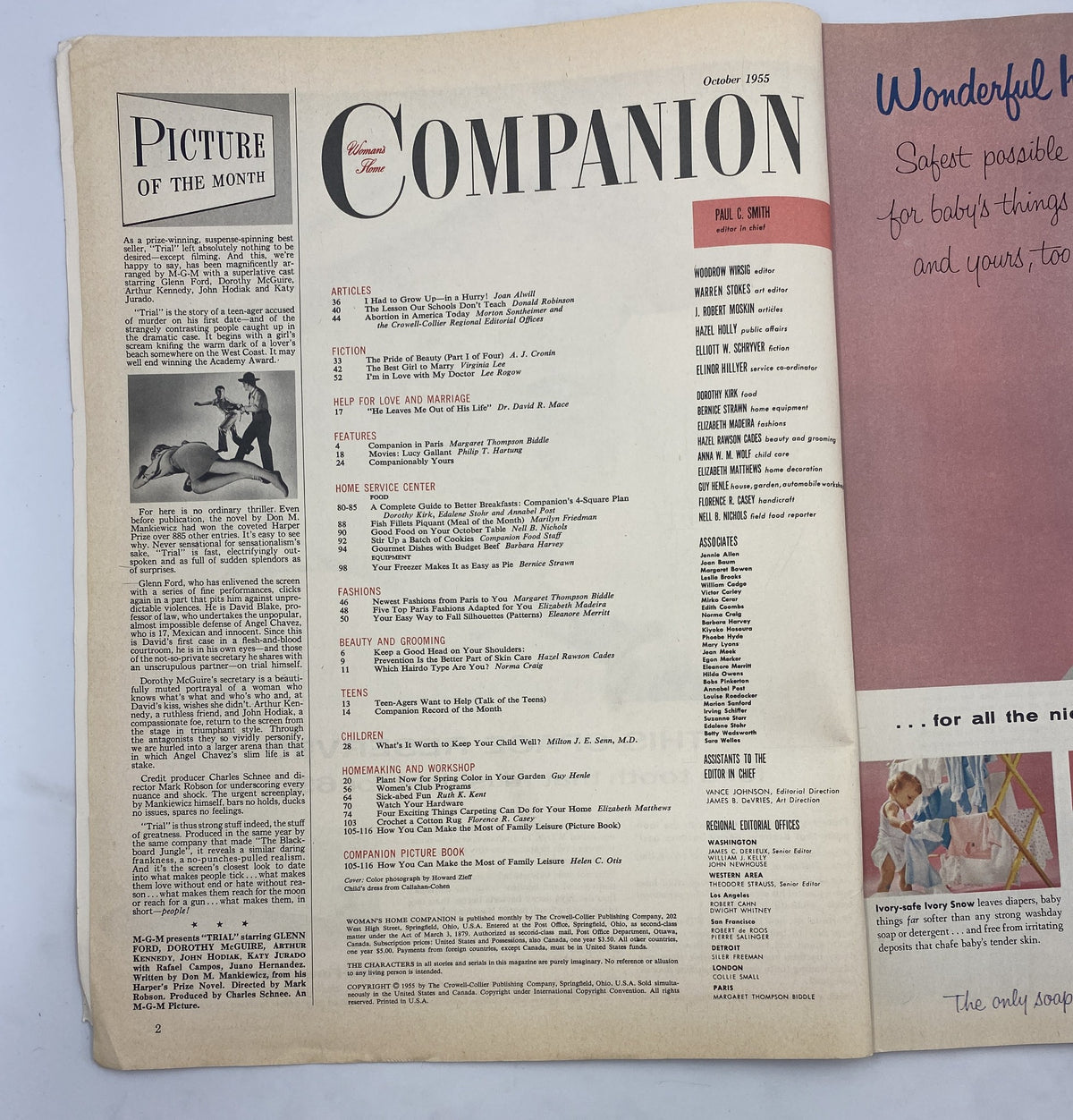 Inside page of Woman’s Home Companion Magazine October 1955, featuring the Table of Contents, highlighting articles and sections including health, beauty, and family advice.