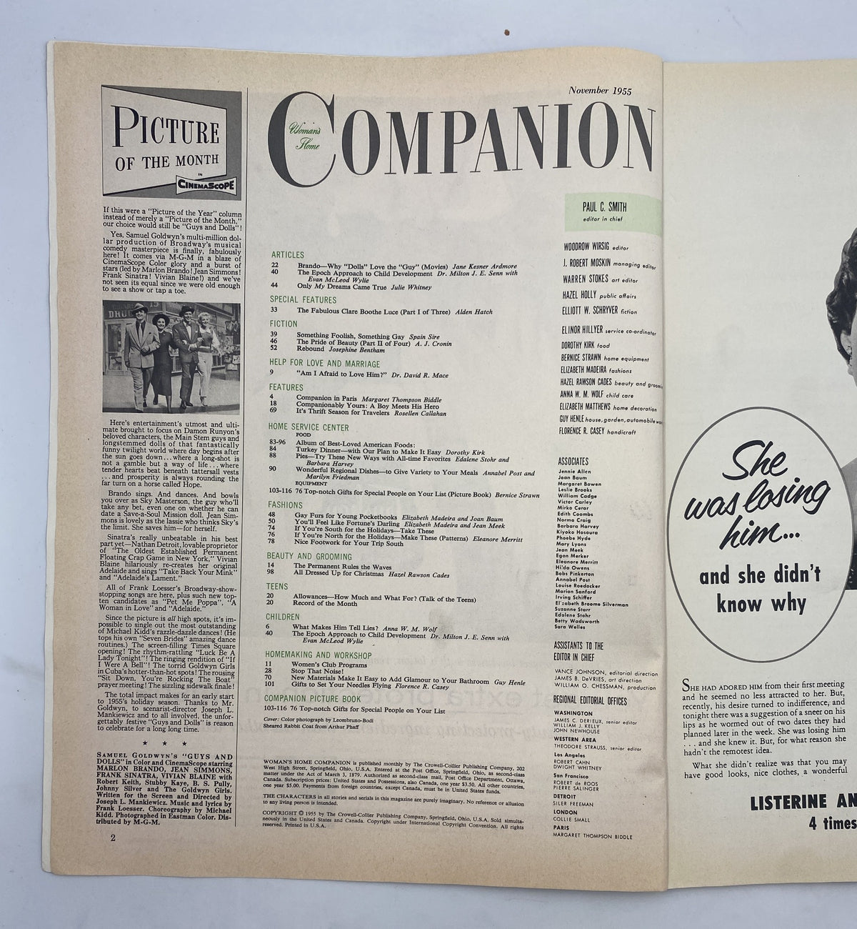 Interior page of Woman’s Home Companion Magazine November 1955, displaying the table of contents alongside articles including Clare Boothe Luce's biography.