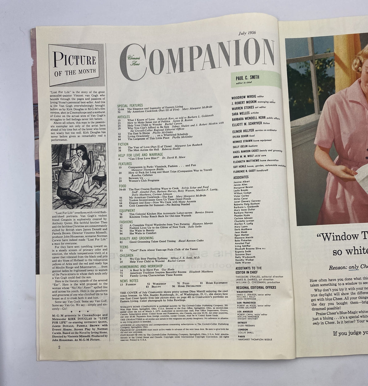 Table of contents page from Woman’s Home Companion Magazine July 1956, detailing the features and articles, including works by Rachel Carson and a focus on women's topics, health, and lifestyle.