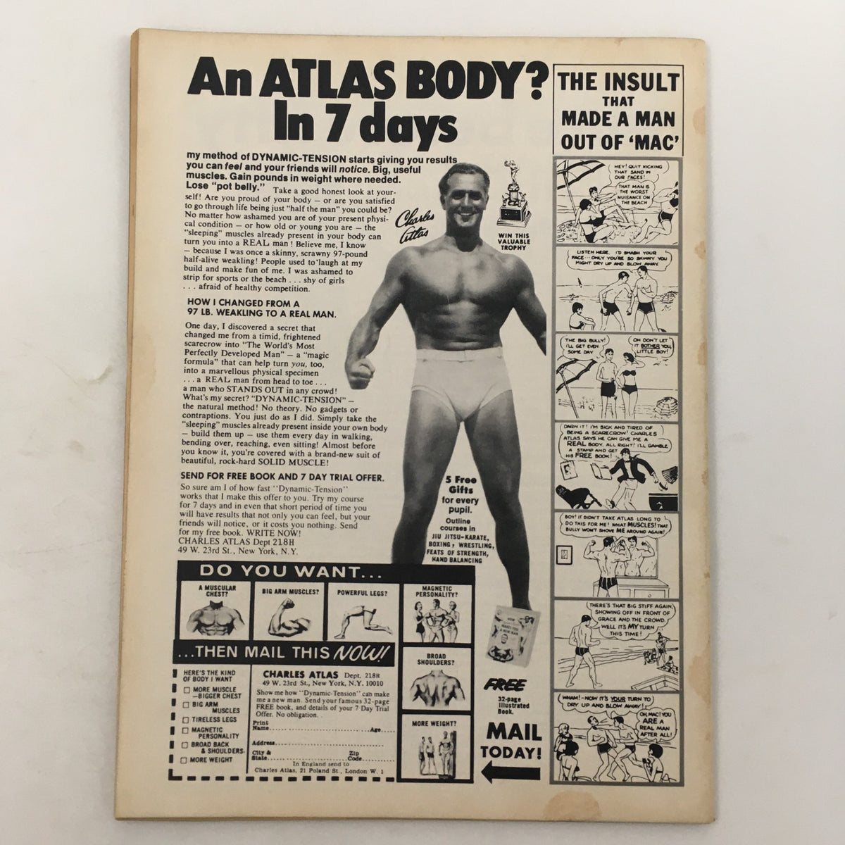 Back cover advertisement from Wrestling Superstars Magazine October 1977 promoting the Charles Atlas bodybuilding program with an illustration of a muscular man.