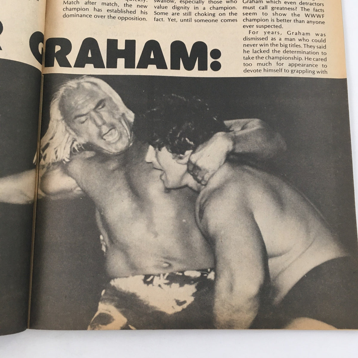 Action shot from Wrestling Superstars Magazine October 1977 highlighting a wrestling match with Superstar Graham in the spotlight.