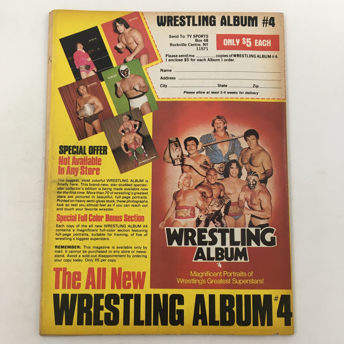 Cover of the Inside Wrestling Magazine from November 1980 featuring an advertisement for Wrestling Album #4 with colorful images of wrestling stars and a special offer.