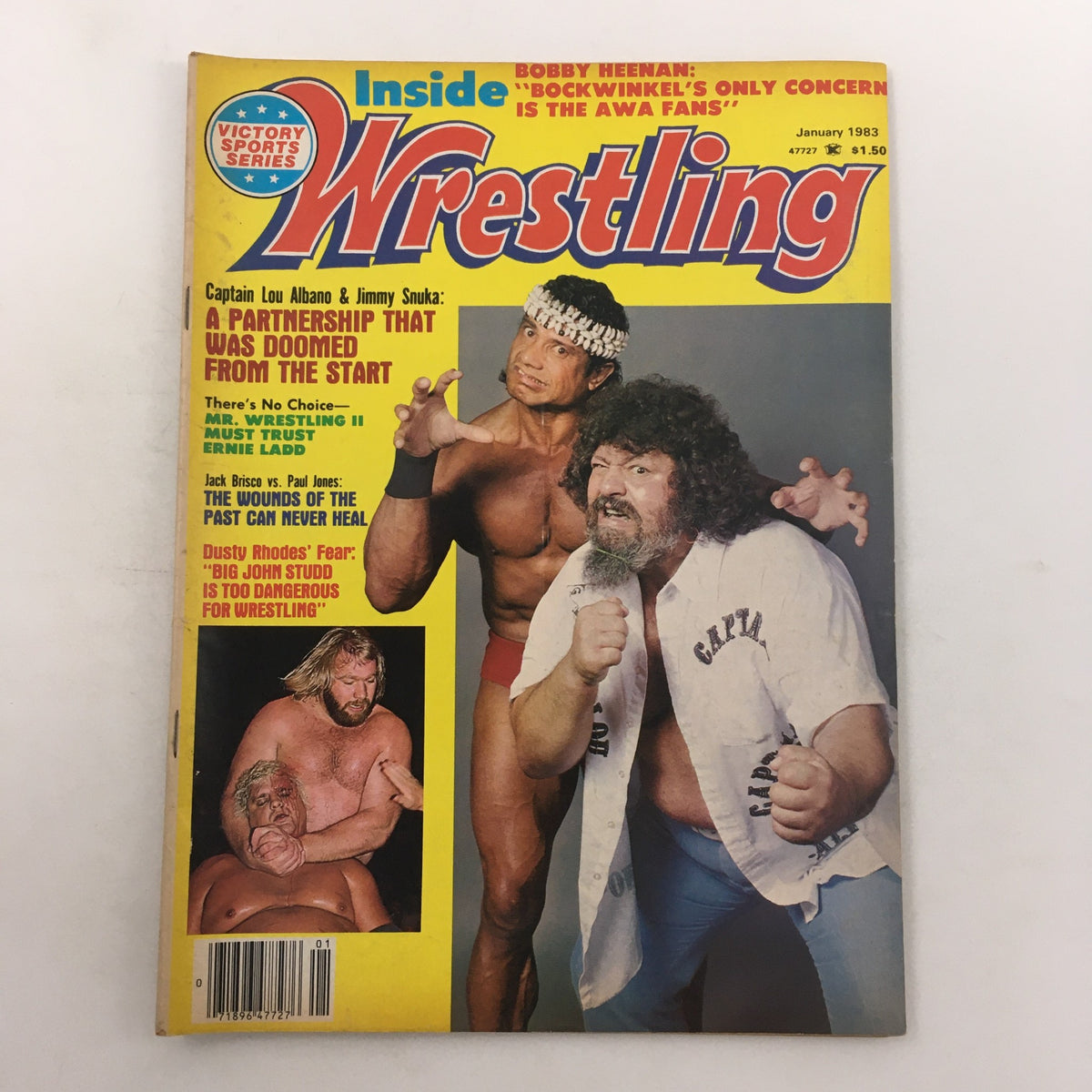 Cover of Inside Wrestling Magazine, January 1983 featuring Andre the Giant, Jimmy Snuka, and Captain Lou Albano, showcasing wrestling highlights from that era.