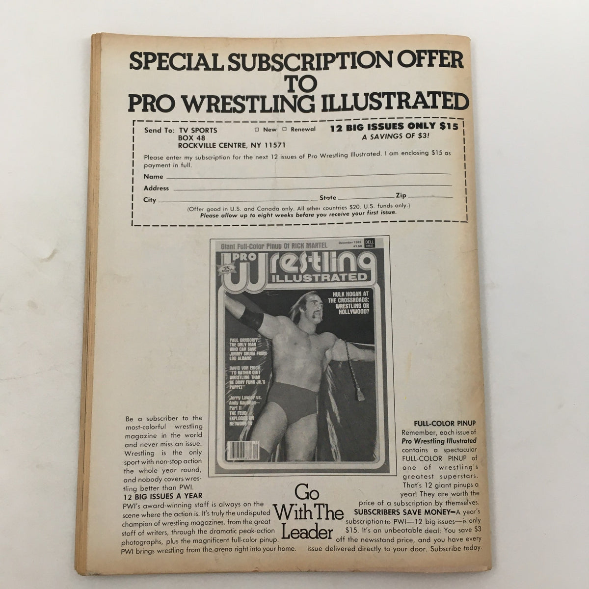 Back cover of Inside Wrestling Magazine, January 1983 offering a subscription to Pro Wrestling Illustrated.