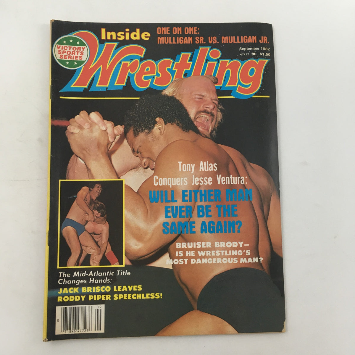 Inside Wrestling Magazine September 1982 cover featuring Tony Atlas conquering Jesse Ventura with a gripping wrestling scene. The magazine highlights a pivotal moment in wrestling history.