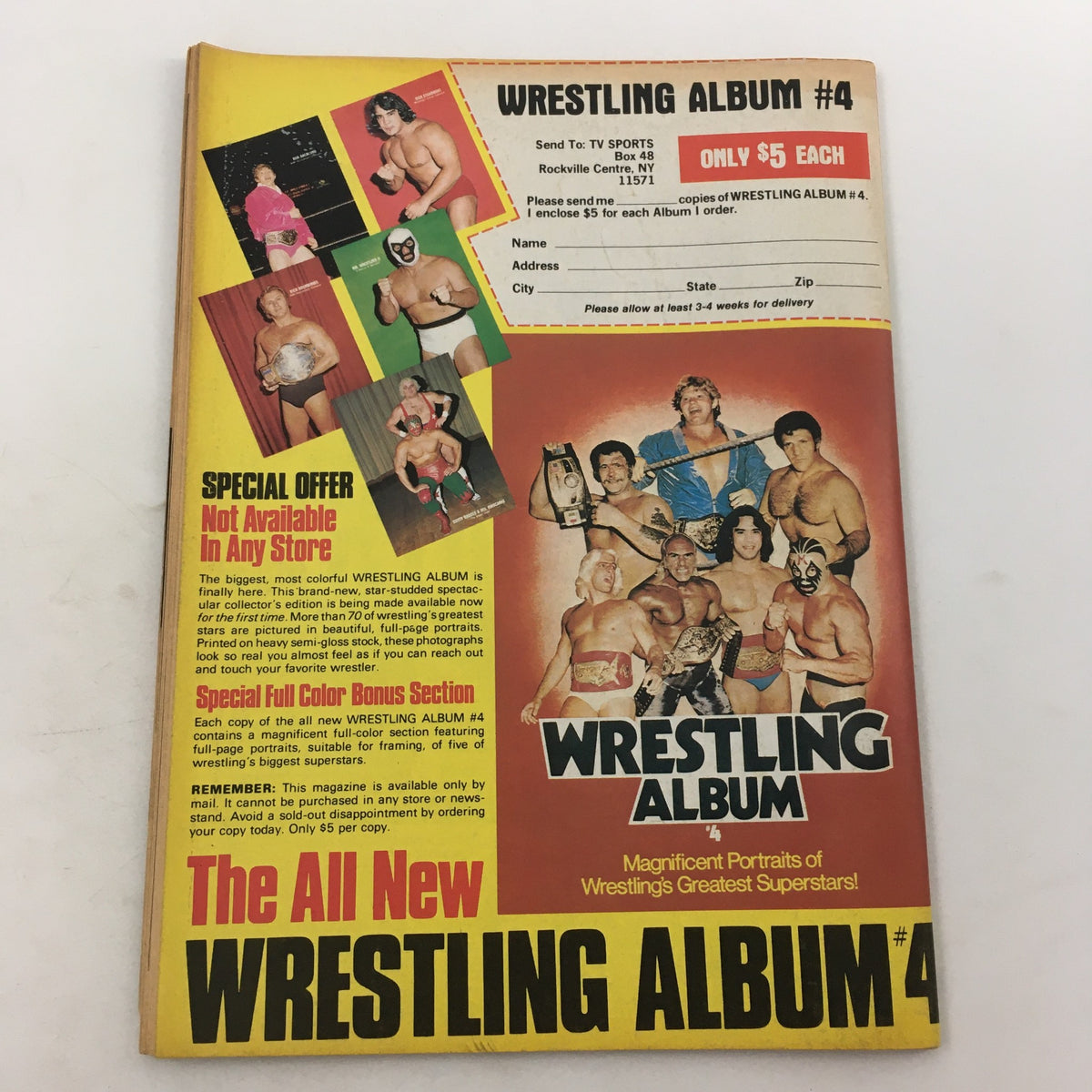 Back cover of Inside Wrestling Magazine September 1982 advertising Wrestling Album #4, promoting full-color portraits of wrestling's greatest superstars for fans and collectors.