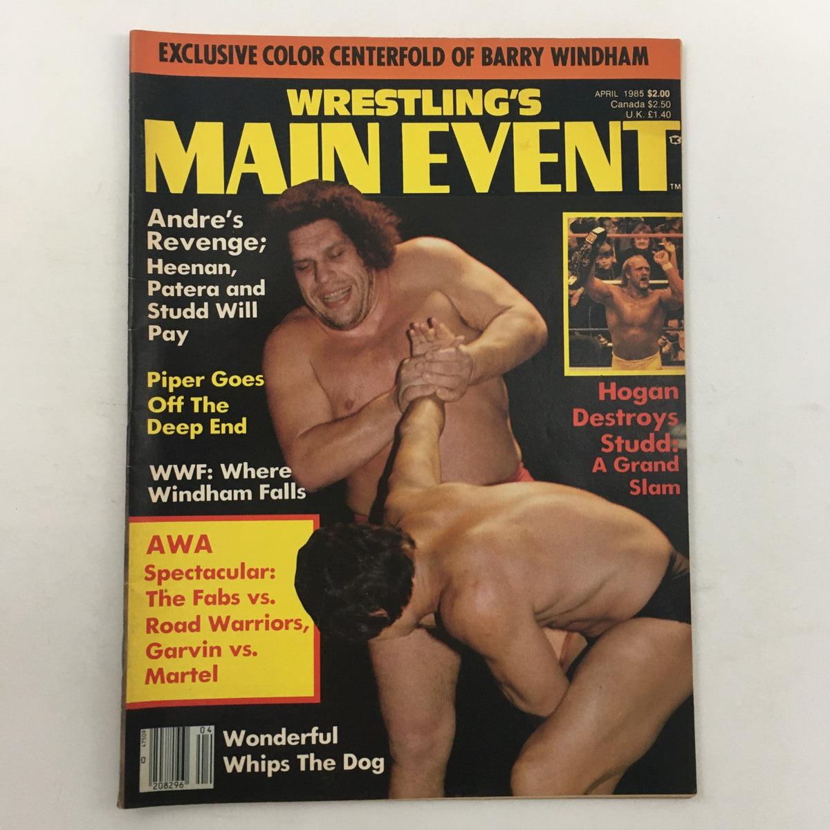 Cover of Wrestling's Main Event Magazine from April 1985 featuring legendary wrestlers Andre the Giant and Hulk Hogan in an action-packed pose.