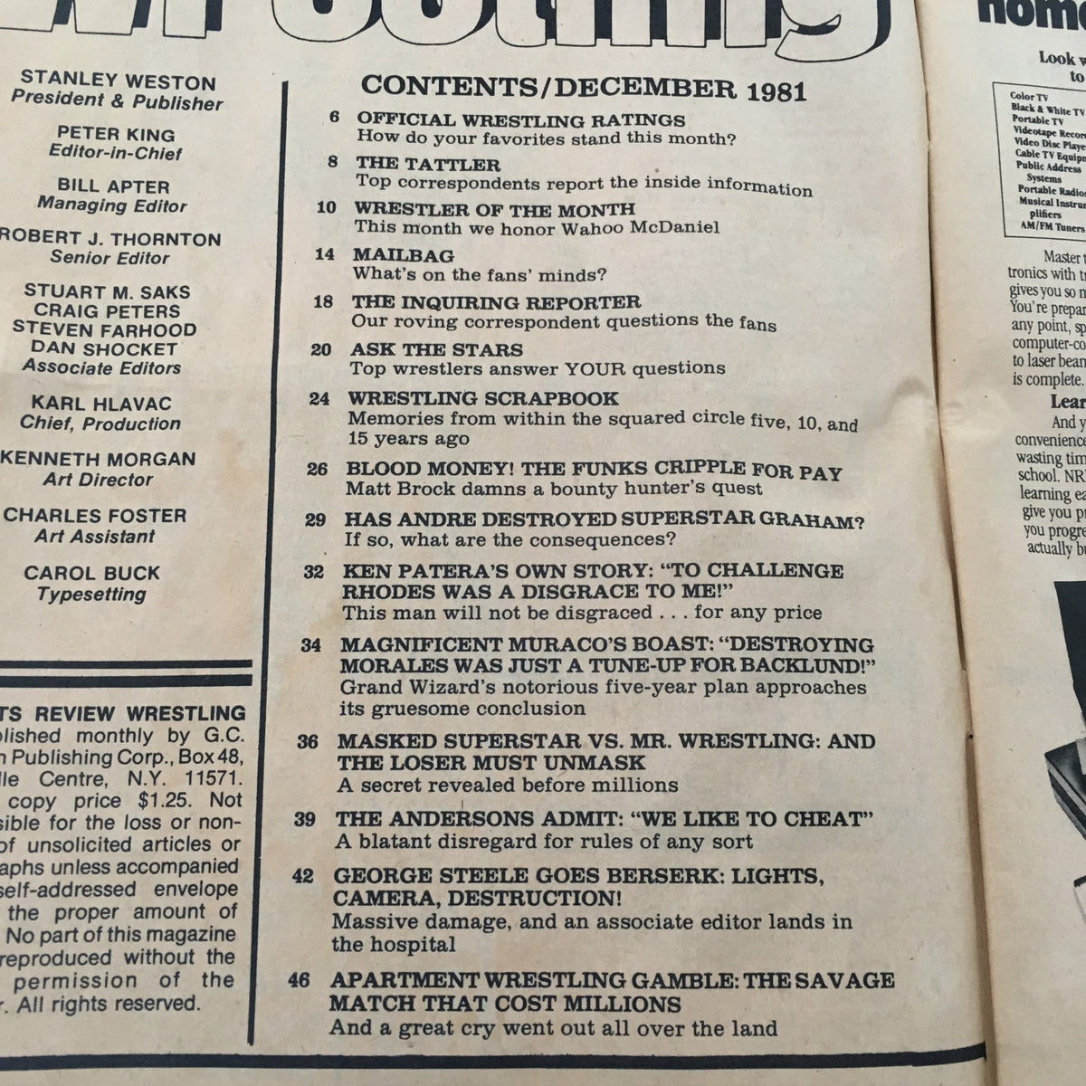 Table of contents from Sports Review Wrestling December 1981 featuring articles on wrestling ratings, wrestler features, and more.
