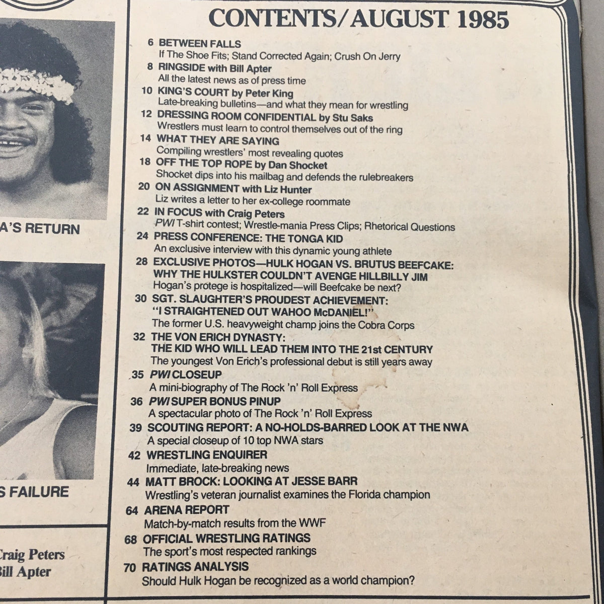 Table of contents for Pro Wrestling Illustrated Magazine August 1985, detailing articles on wrestling news, features, and exclusive interviews.