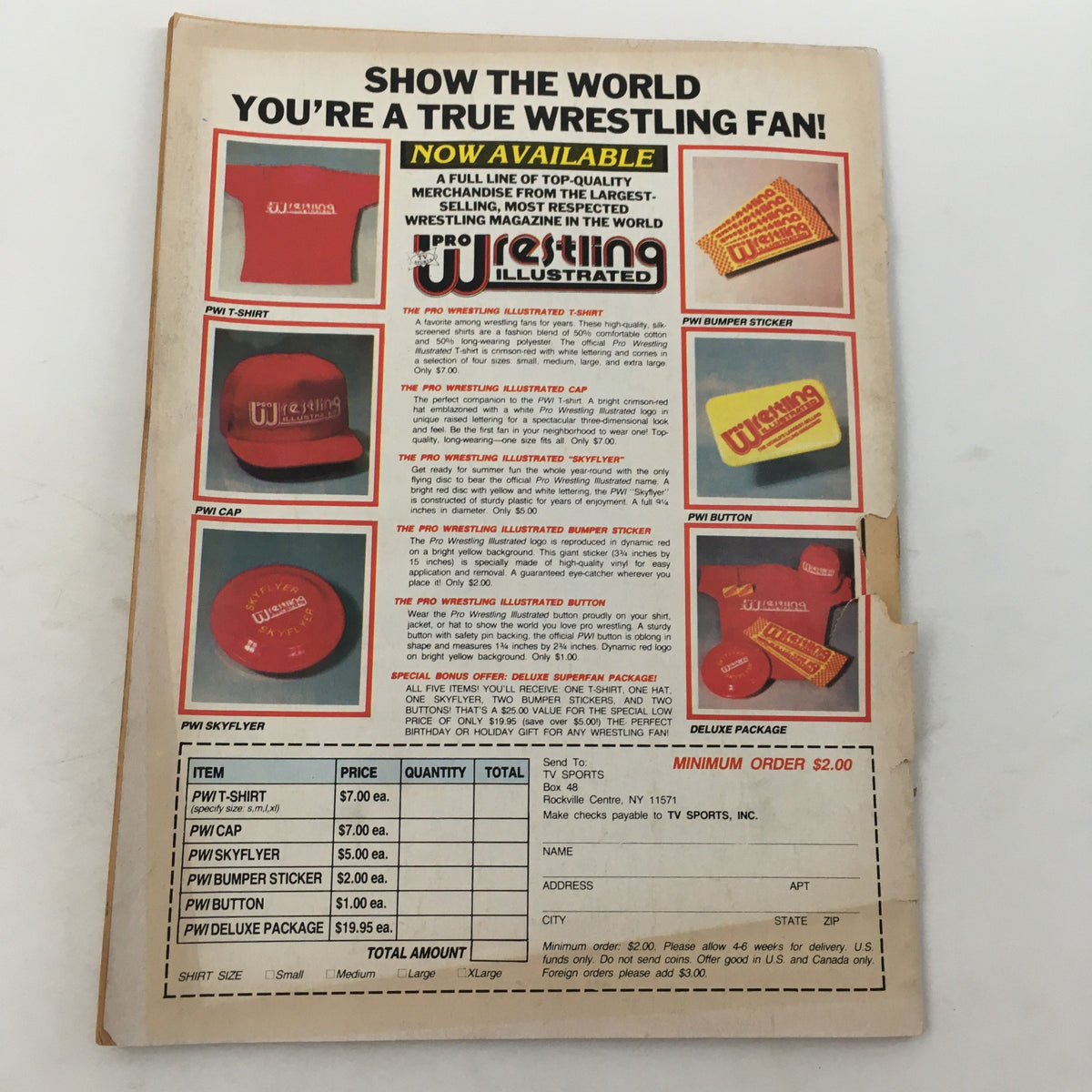 Back cover of Pro Wrestling Illustrated Magazine August 1985 displaying merchandise advertisement for wrestling-themed products.