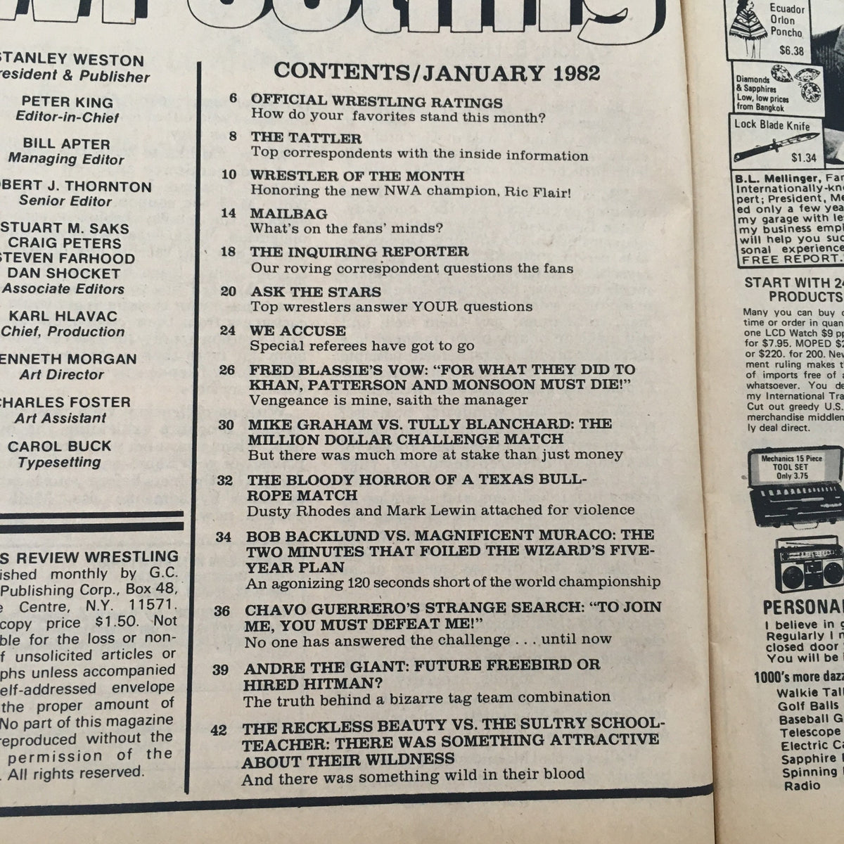 Contents page of Sports Review Wrestling Magazine January 1982 highlighting key articles including Andre the Giant: Future Freebird or Hired Hitman.