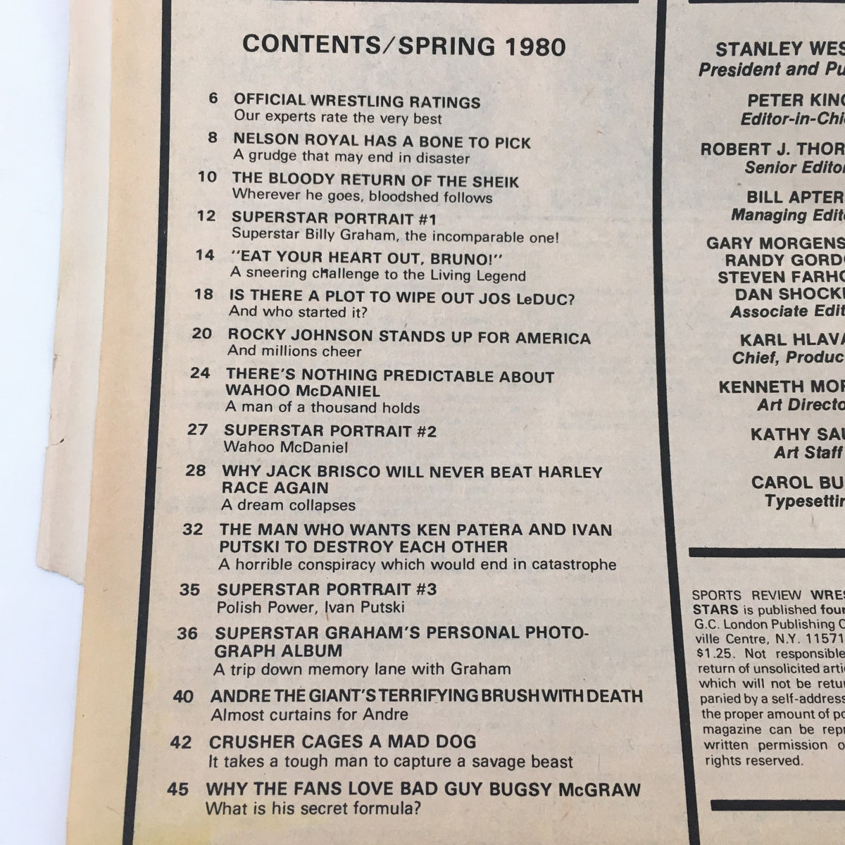 Contents page of Wrestling Superstars Magazine Spring 1980 featuring highlights of wrestling articles, star portraits, and an overview of Ken Patera and Andre The Giant.