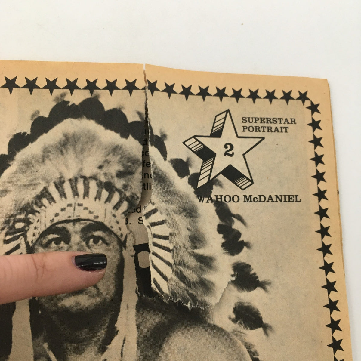 Page from Wrestling Superstars Magazine Spring 1980 showing a portrait of Wahoo McDaniel, a notable wrestler, with visible wear.