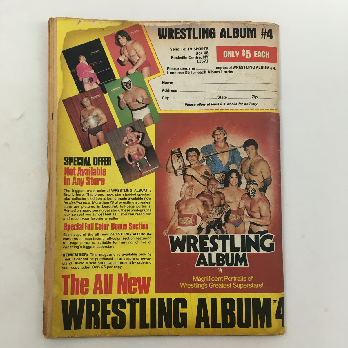 Back cover of Inside Wrestling Magazine July 1981 promoting Wrestling Album #4, showcasing portraits of wrestling's greatest superstars.