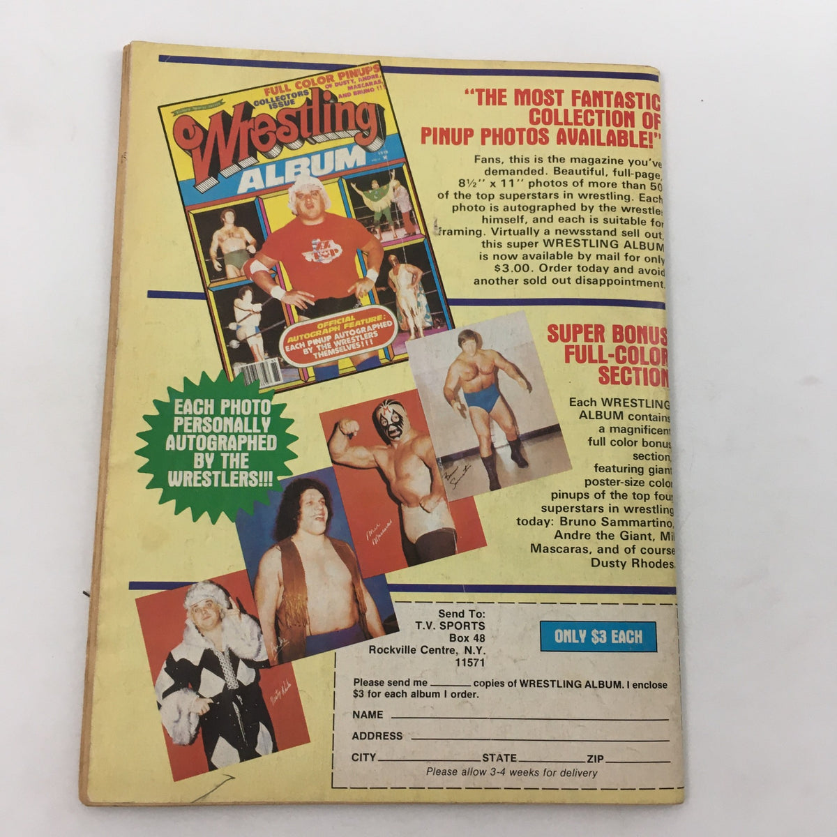 Back cover of Inside Wrestling Magazine, February 1980, promoting a wrestling album with autographed photos and prominent wrestlers.