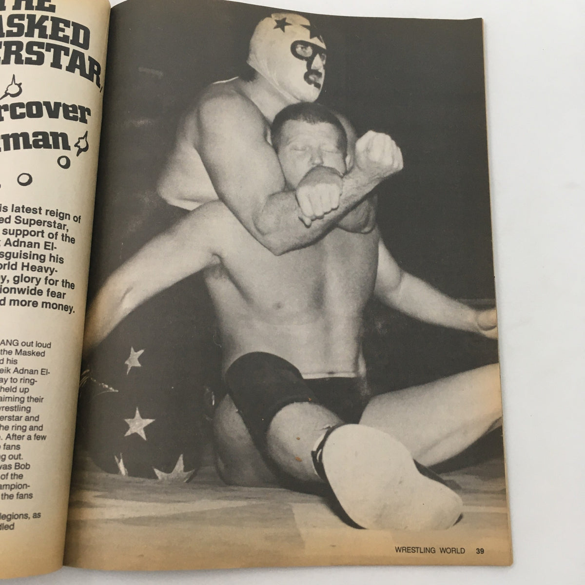 Wrestling World Magazine September 1985 featuring The Masked Superstar applying a hold on his opponent, highlighting vintage wrestling action in this collectible publication.