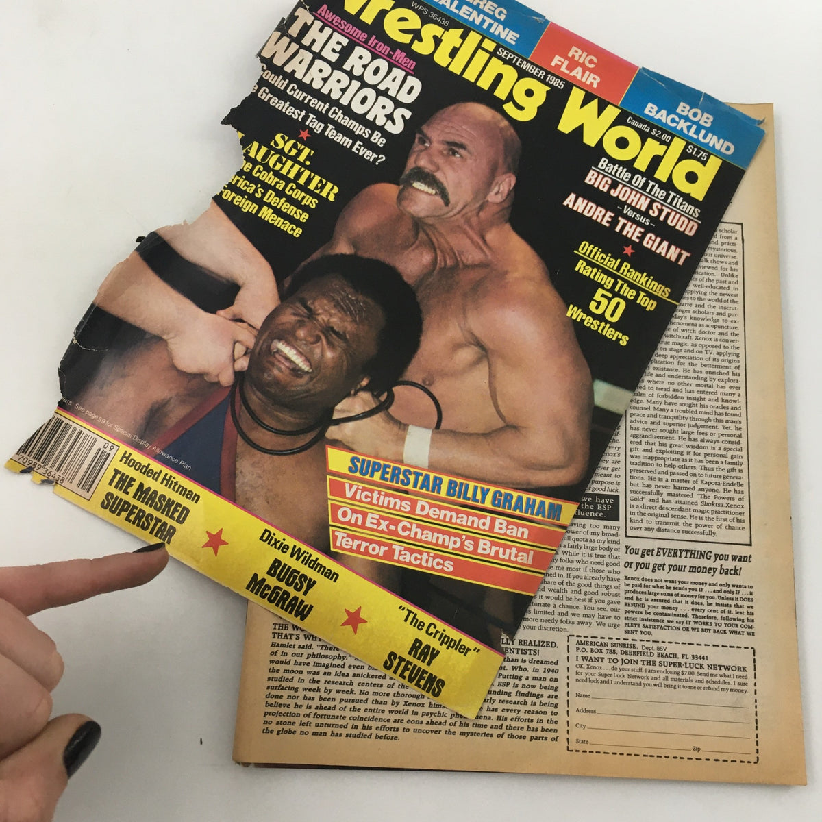 Wrestling World Magazine September 1985 cover with The Masked Superstar in action against Sargent Slaughter, a significant moment in wrestling history.