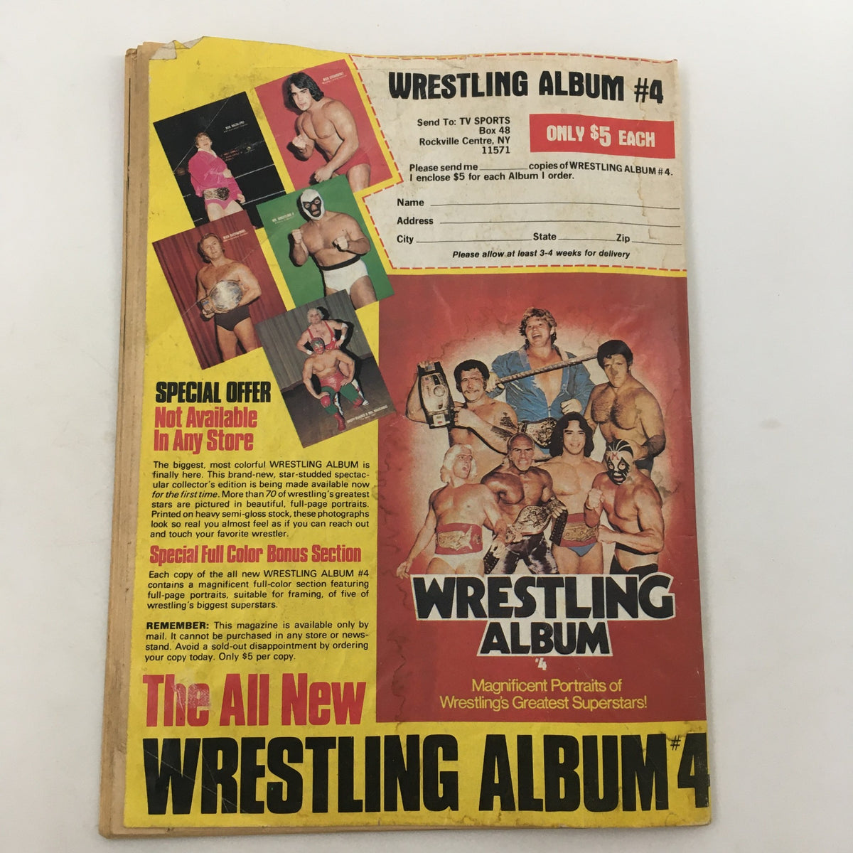 Back cover of WWF Wrestler Magazine Fall 1981 showing an advertisement for Wrestling Album #4 with a collage of wrestlers.