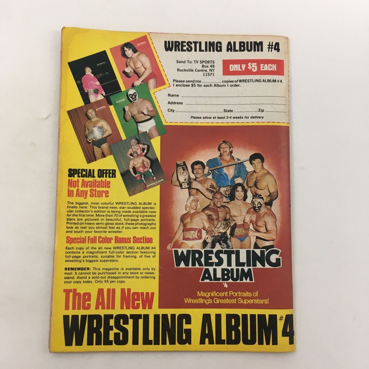 Wrestling Album #4 magazine cover featuring colorful portraits of wrestling superstars, with promotional details for ordering the album and special offers. Sports Review Wrestling Magazine September 1982 David Von Erich, Nick Bockwinkel.