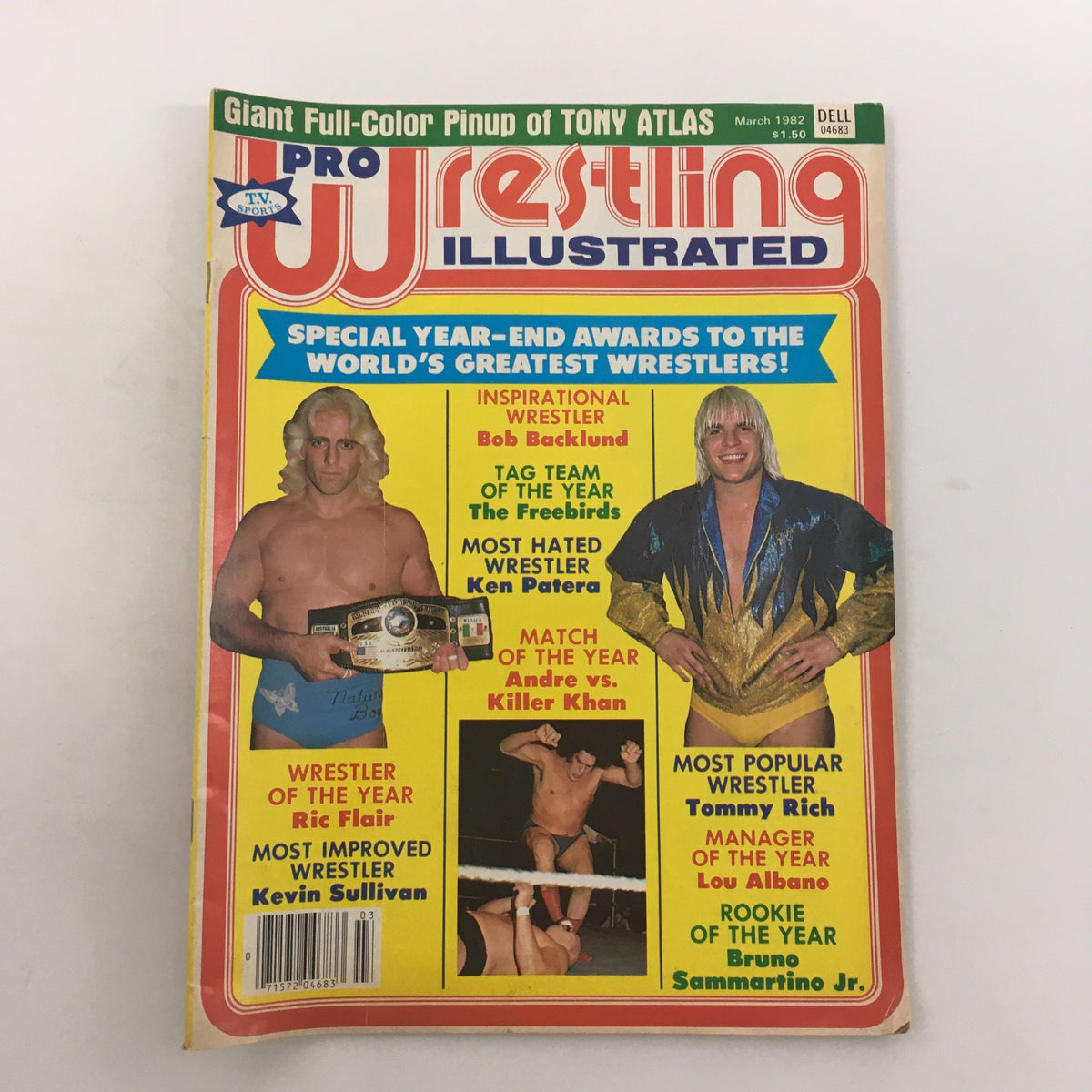 Cover of Pro Wrestling Illustrated Magazine March 1982 featuring Andre the Giant vs Killer Khan, highlighting the match of the year and notable wrestlers such as Ric Flair, Tommy Rich, and Ken Patera.
