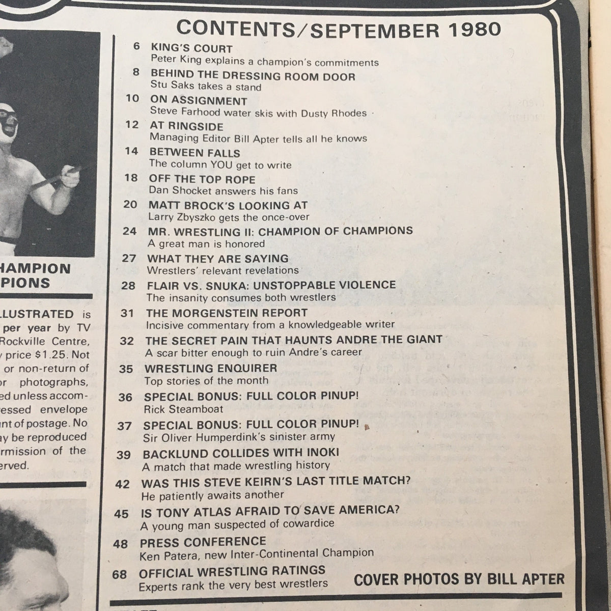 Contents page of Pro Wrestling Illustrated Magazine September 1980, listing articles and topics including Mr. Wrestling II and Andre the Giant.