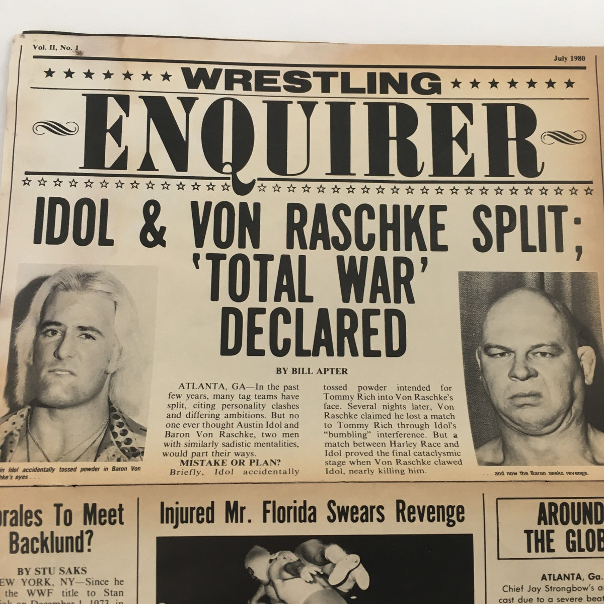 Wrestling Enquirer July 1980 newspaper, featuring headlines about wrestling news, including a split between wrestling personalities.
