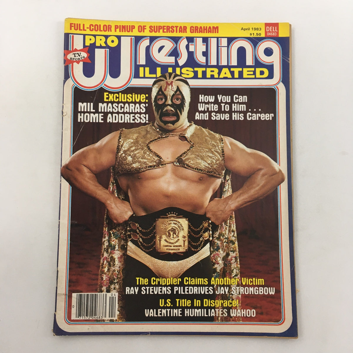 Cover of Pro Wrestling Illustrated Magazine April 1983 featuring Mil Mascaras in a wrestling mask and Billy Graham, highlighting their prominence in the wrestling world.