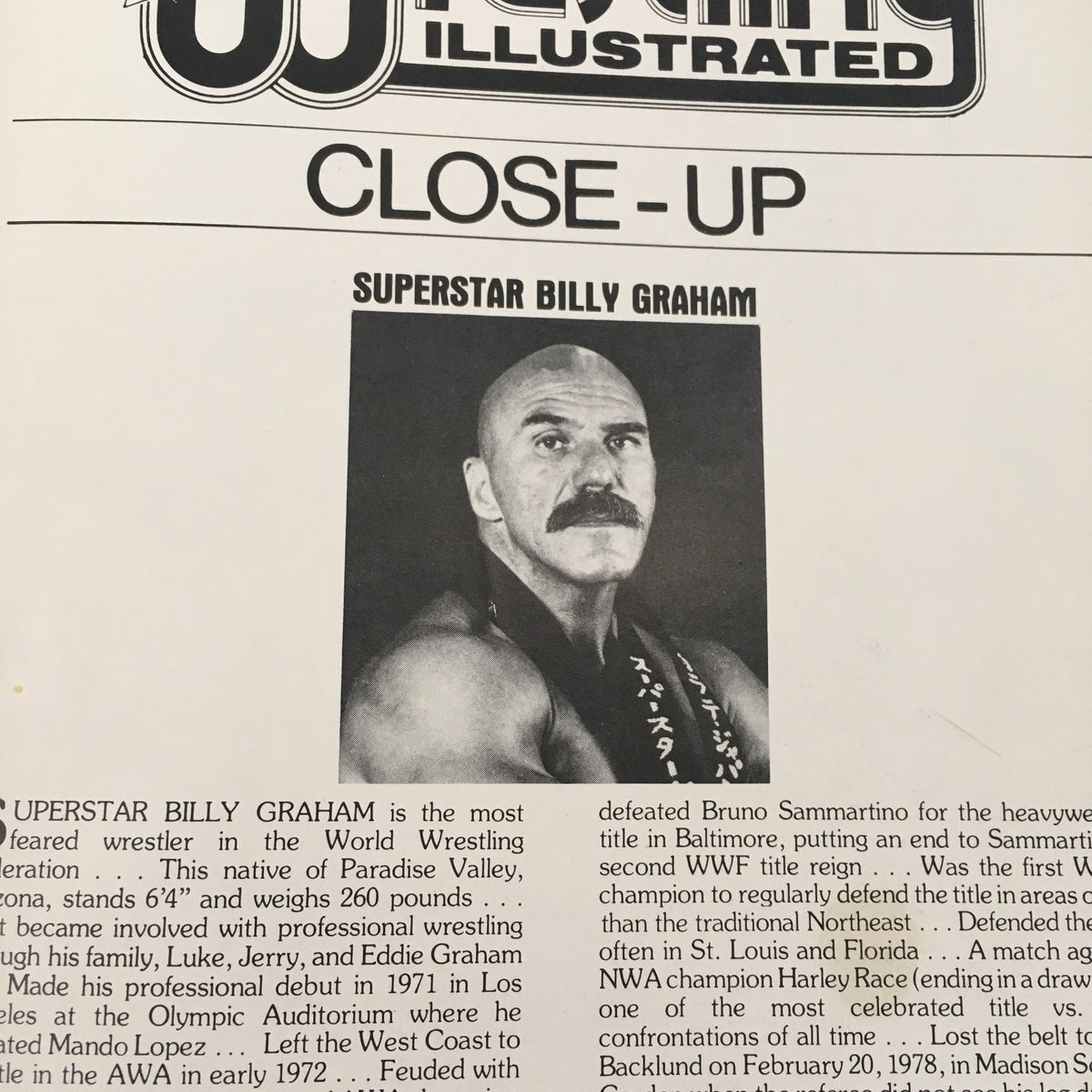 Close-up section from Pro Wrestling Illustrated Magazine April 1983 featuring Superstar Billy Graham, detailing his wrestling career and achievements.