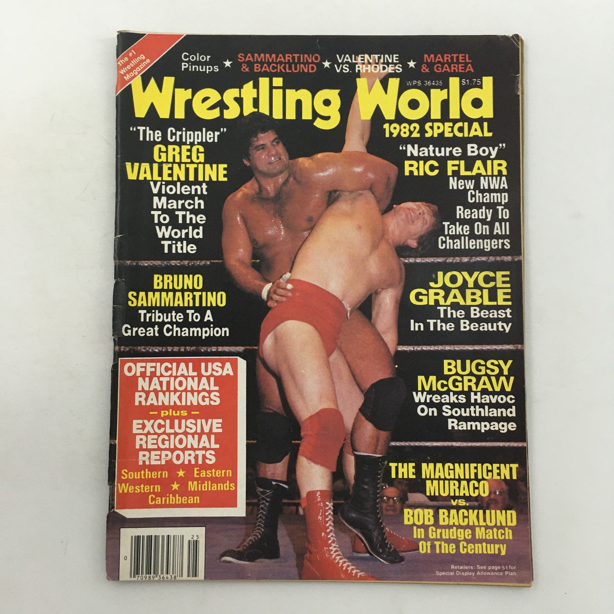 Cover of Wrestling World Magazine 1982 featuring Greg Valentine, Bruno Sammartino, and Ric Flair. Highlights wrestling excitement with prominent figures in a vintage magazine format.