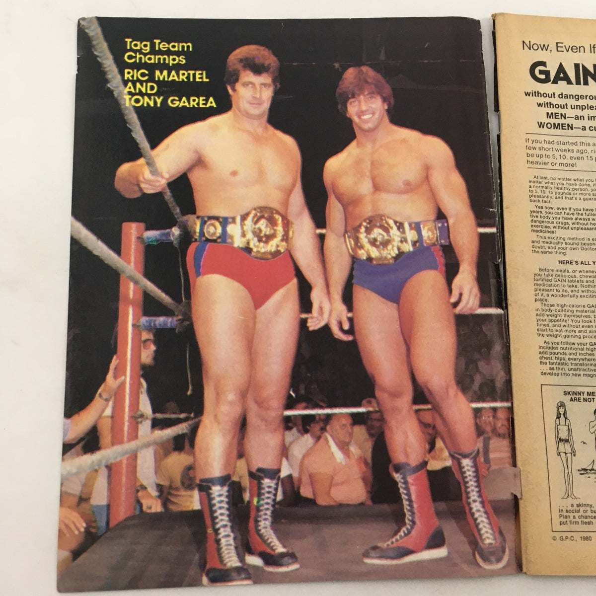 Image of Ric Martel and Tony Garea from Wrestling World Magazine 1982, celebrating their tag team championship in the pro wrestling arena.