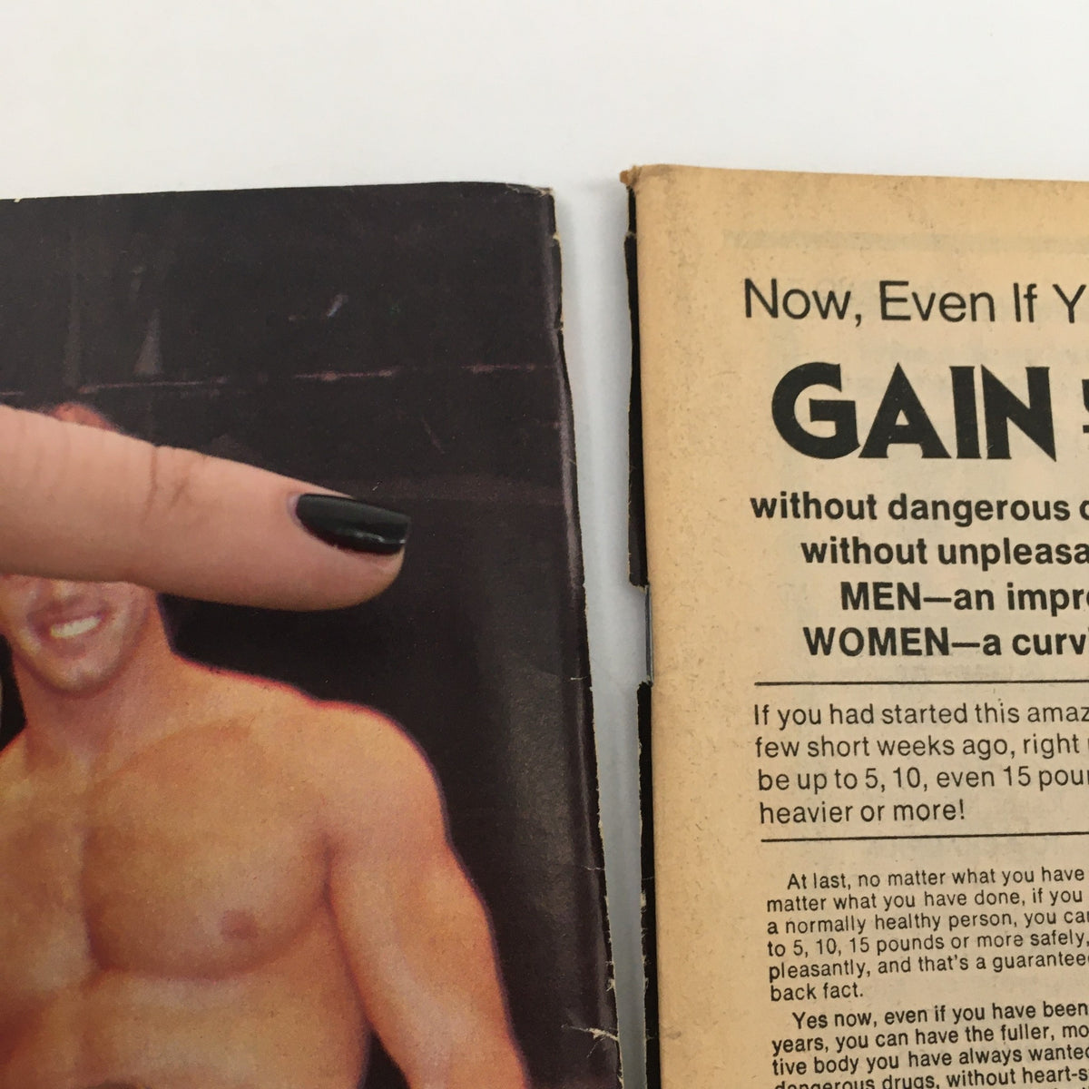 Close-up of a page from Wrestling World Magazine 1982 featuring a muscular wrestler, highlighting promotional content on gaining weight without harmful methods.