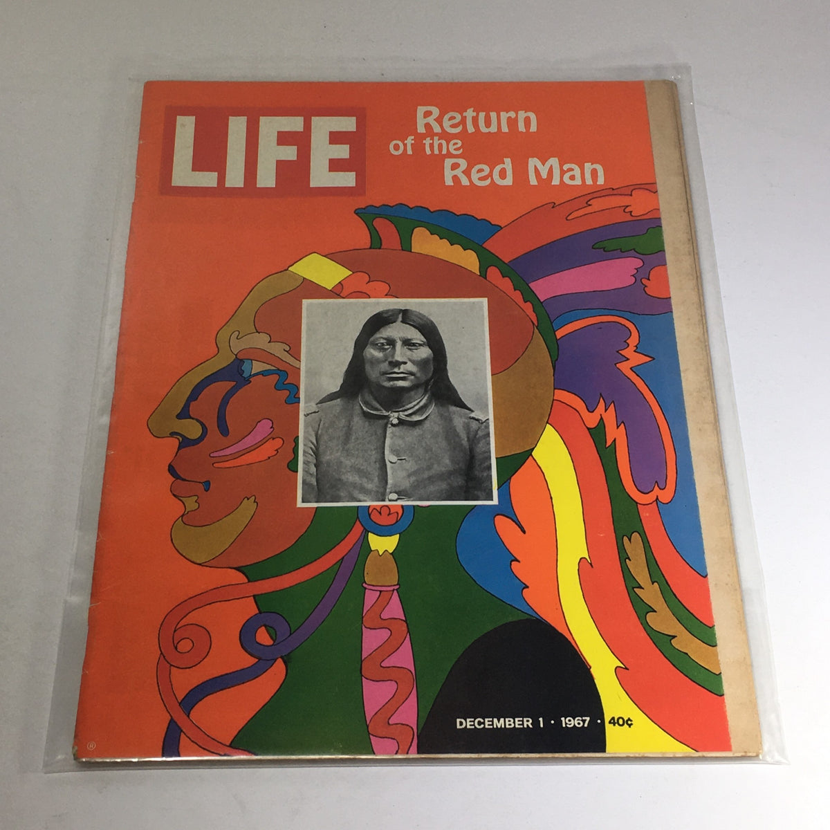 Cover of VTG Life Magazine: December 1 1967 featuring the title 'Return Of The Red Man' with an artistic background and a historical photograph of a Native American man, reflecting cultural themes and societal changes of the 1960s.