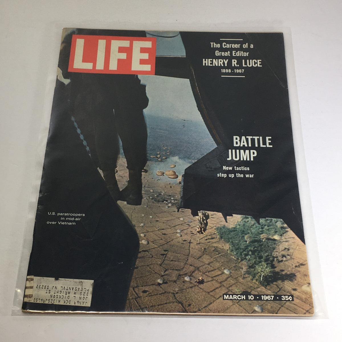 VTG Life Magazine: March 10 1967 - Cover featuring U.S. paratroopers during Vietnam Battle Jump, showcasing soldiers in mid-air and highlighting the historical significance of military tactics.