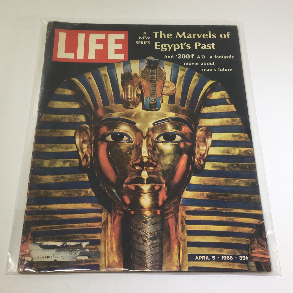 Vintage Life Magazine cover from April 5, 1968, featuring an illustration of the golden mask of Tutankhamun with the title 'The Marvels of Egypt's Past' and information about the film '2001 A.D.'