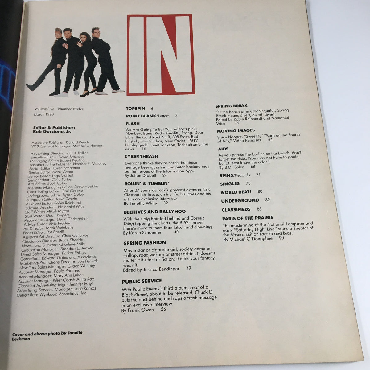 Inside page of VTG Spin Magazine March 1990 Vol 5 #12, listing articles and features, including Chuck D, Technotronic, and Eric Clapton.