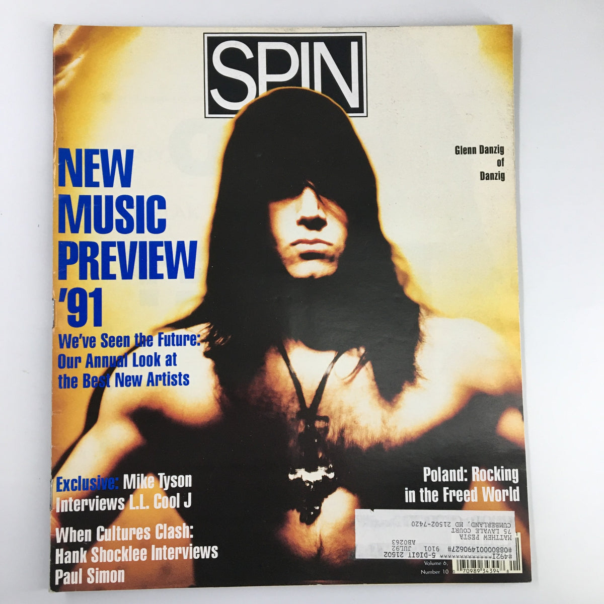 Cover of Spin Magazine January 1991 Vol 6 #10 featuring Glenn Danzig along with the text 'New Music Preview '91'. Highlights include interviews with Mike Tyson and L.L. Cool J.