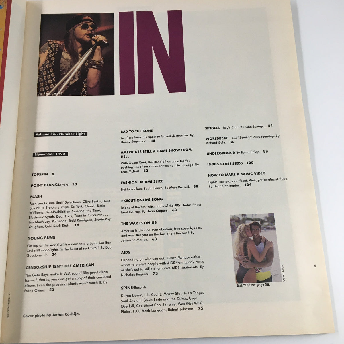 Interior page from Spin Magazine November 1990 Vol 6 #8 featuring an article about Axl Rose and various music topics popular at the time.