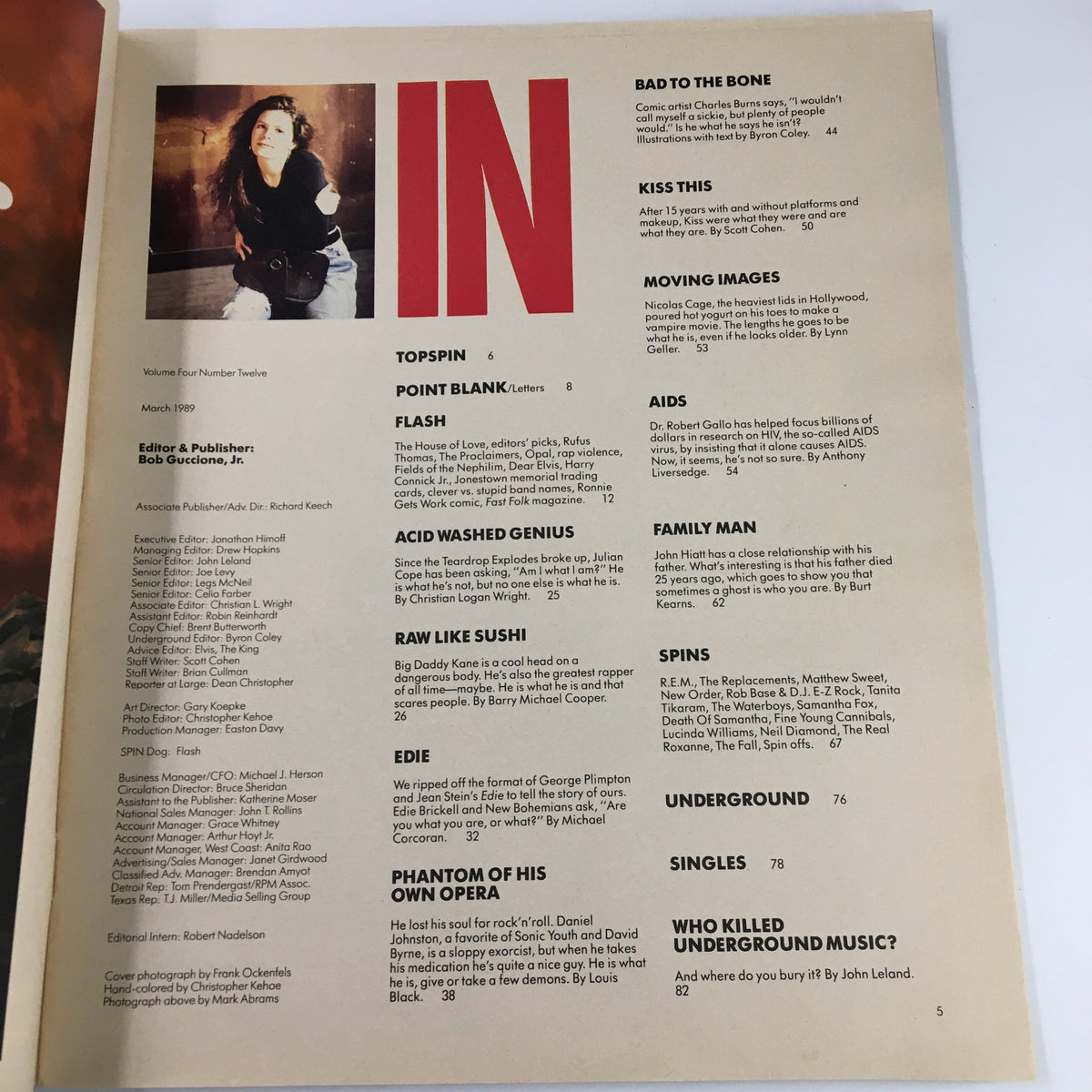Interior page of Spin Magazine March 1989 Vol 4 #12, showcasing contents including articles about Edie Brickell and notable music trends of the late 1980s.