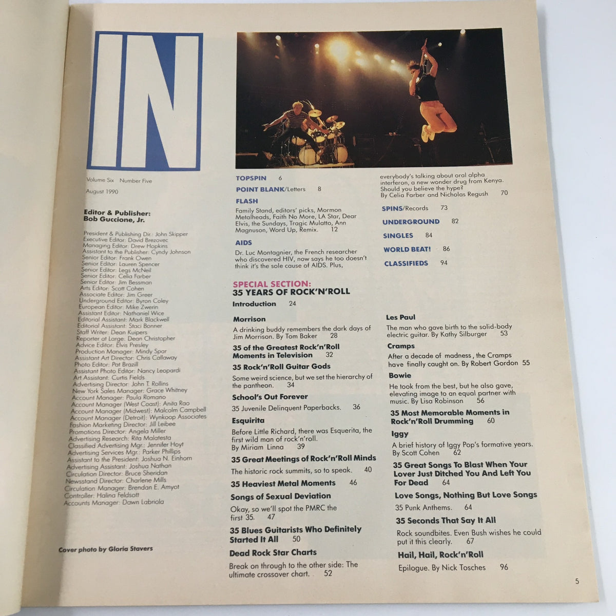 Inside page of Spin Magazine August 1990 Vol 6 #5, featuring contents related to the special section '35 Years of Rock 'n' Roll', including articles about Jim Morrison, Iggy Pop, and more.
