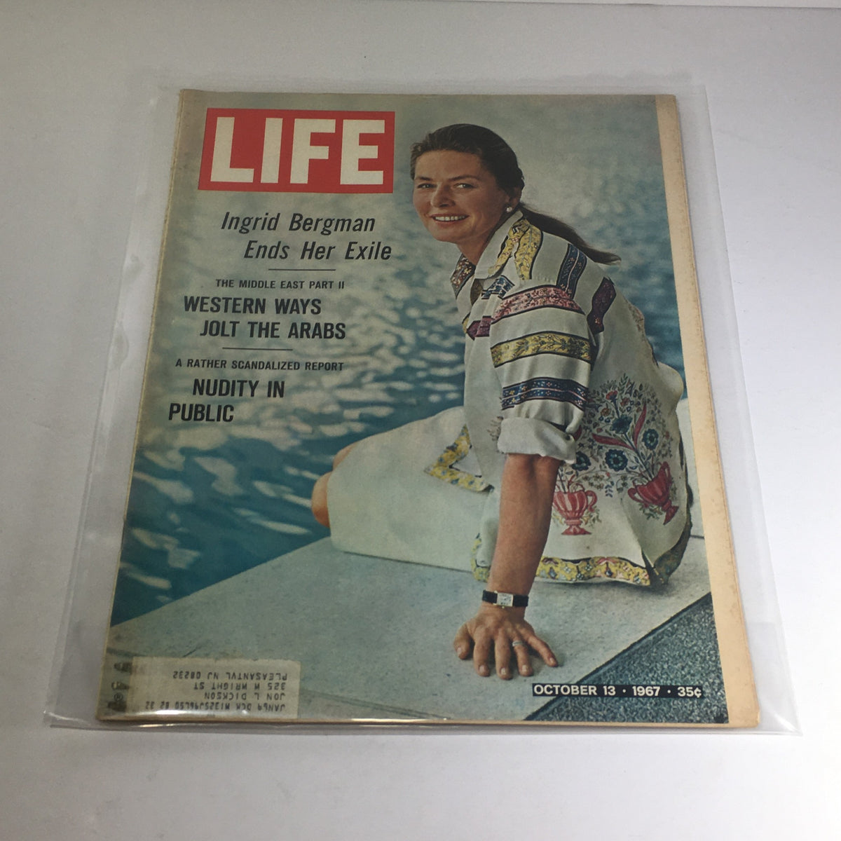 Vintage Life Magazine cover from October 13, 1967, featuring Ingrid Bergman, marking the end of her exile. The cover highlights topics such as public nudity and cultural reports, showcasing Bergman's return to the spotlight.