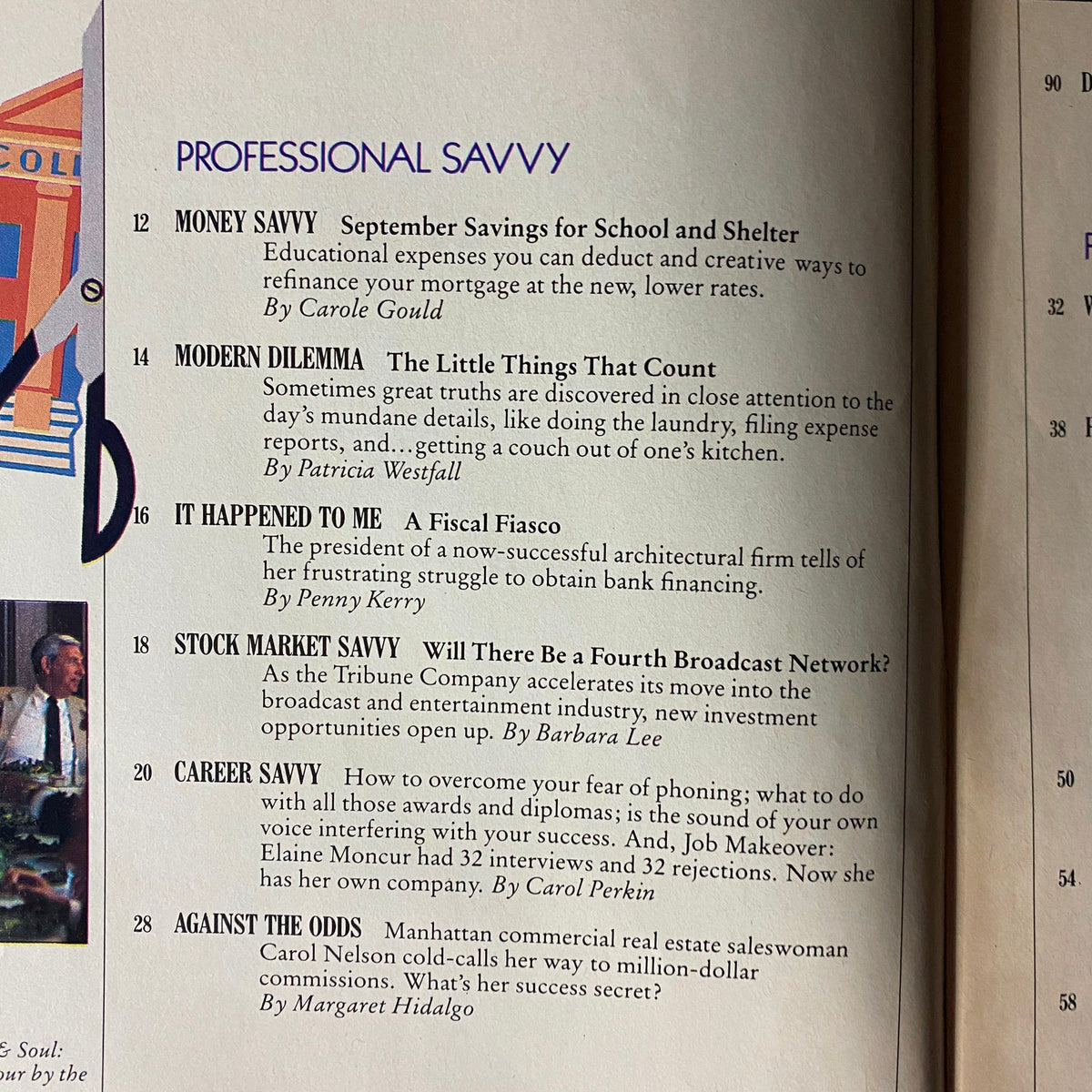 Savvy Magazine September 1985 - Table of contents featuring articles on career strategies, financial insights, and professional advice, including 'Money Savvy' and 'Career Savvy'.